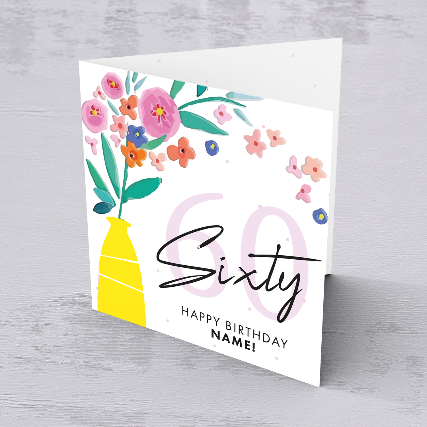 60th birthday card with vase and flowers in English (Personalisable)