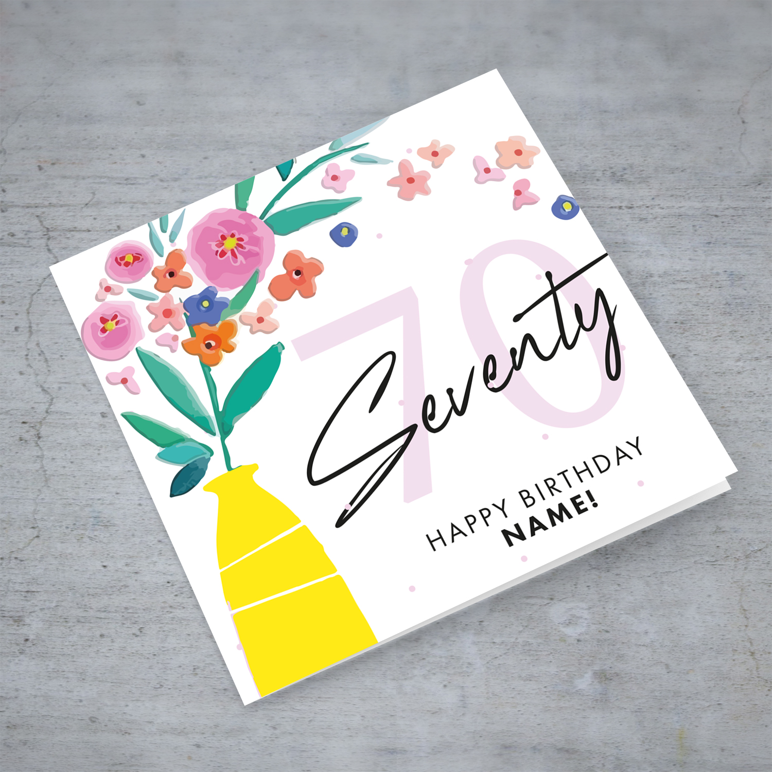 70th birthday card with vase and flowers in English (Personalisable)