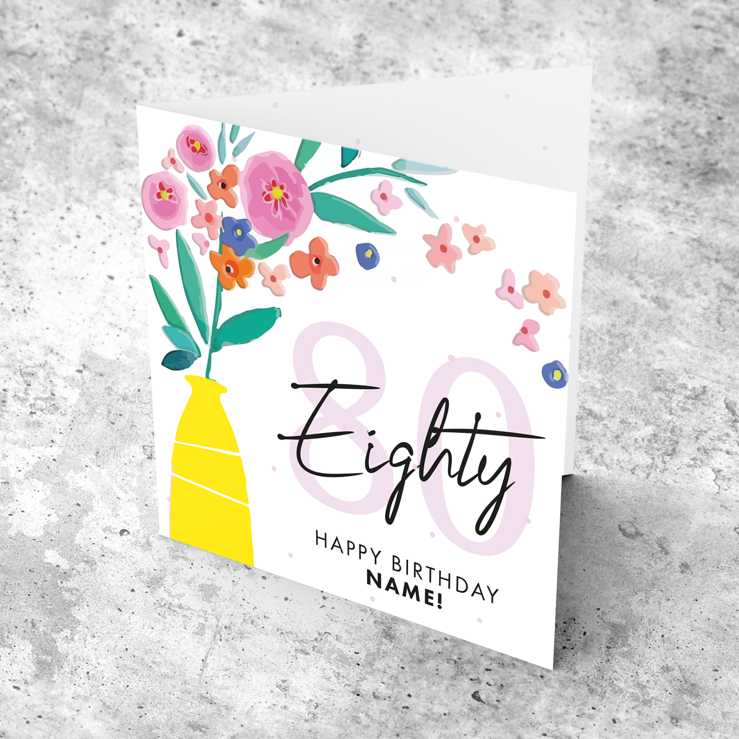 80th birthday card with vase and flowers in English (Personalisable)