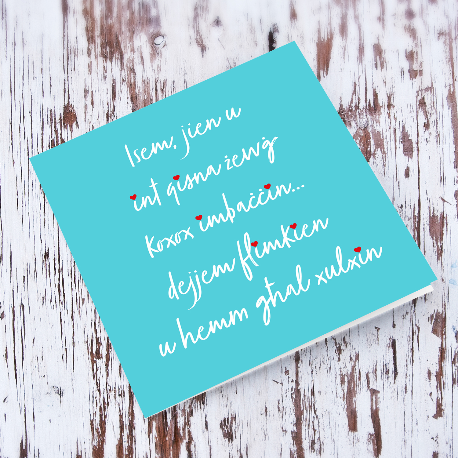 Funny Birthday card with turquoise background and red hearts in Maltese (Personalisable)