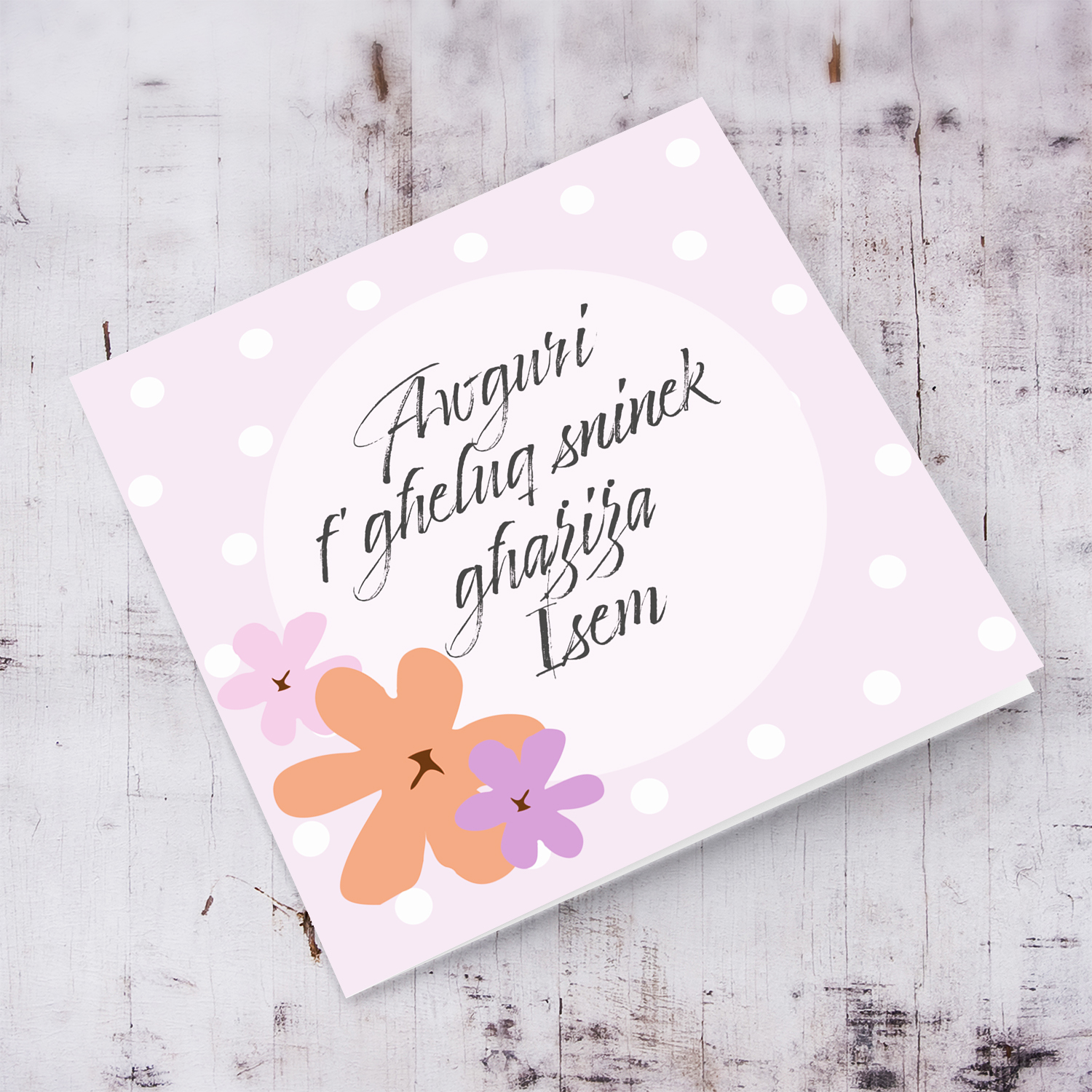 Cute & petite design, with pink background, white polka dots and flowers (personalisable) in English