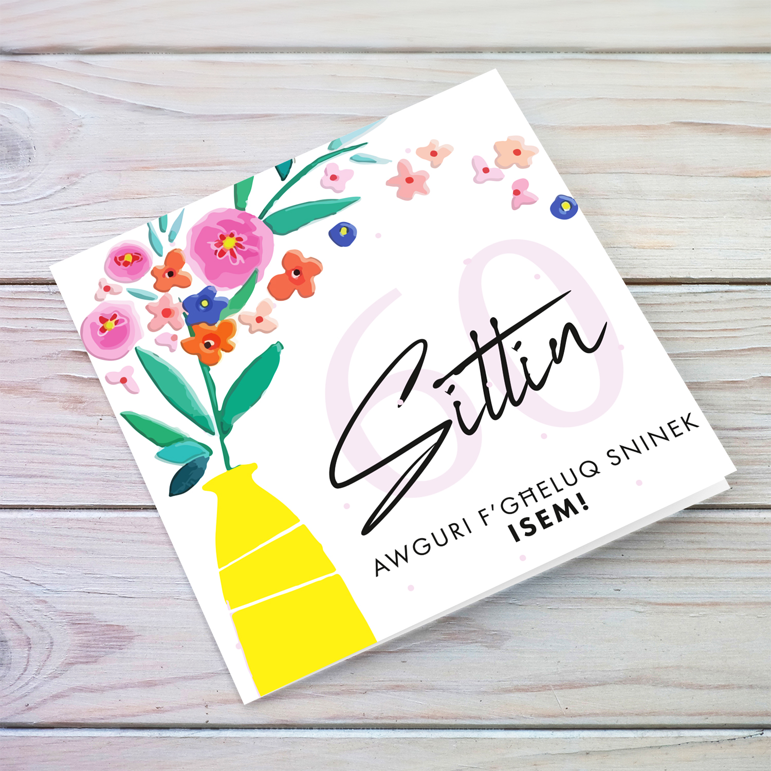 60th birthday card with vase and flowers in Maltese (Personalisable)