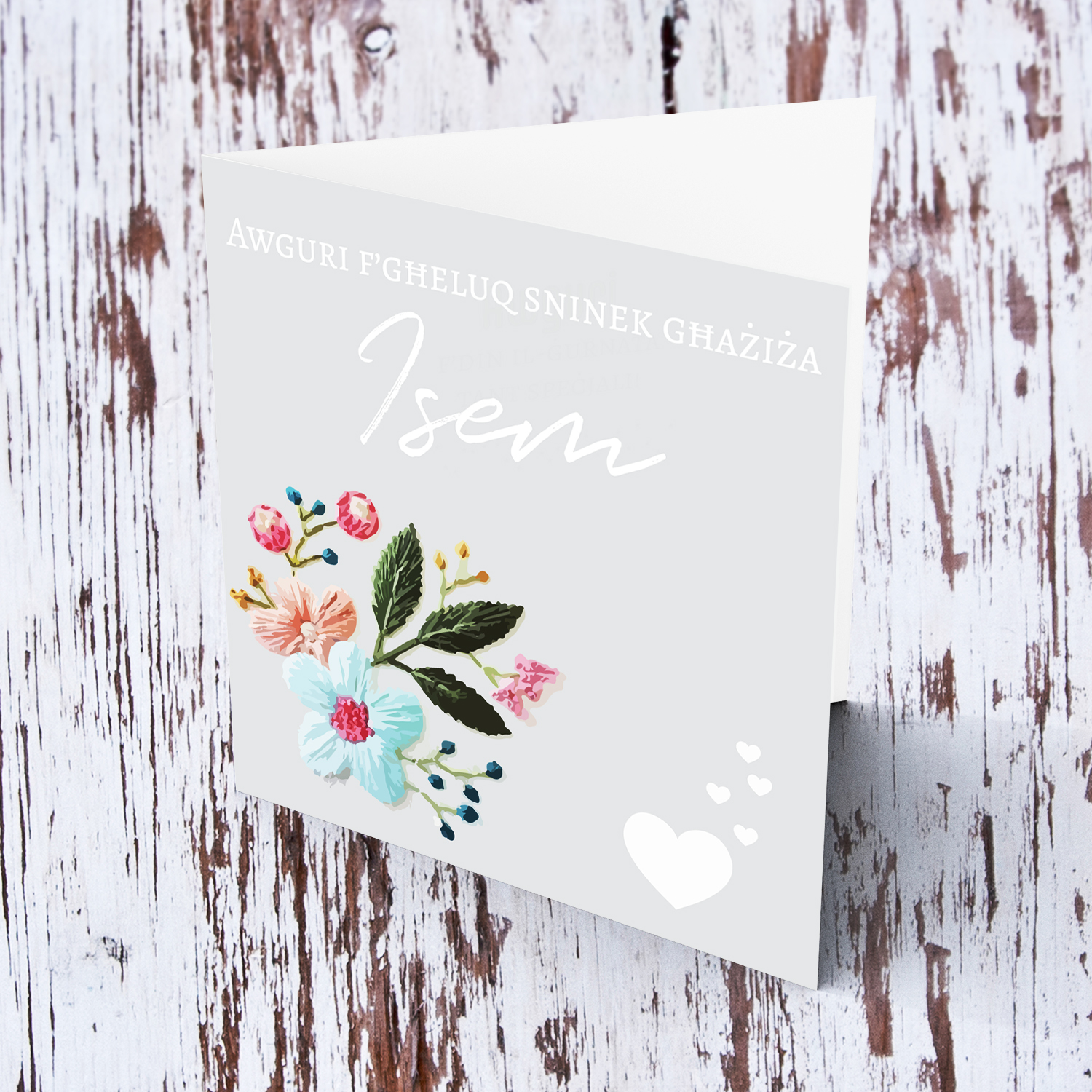 Flower birthday card with light grey background and some white hearts in Maltese (Personalisable)