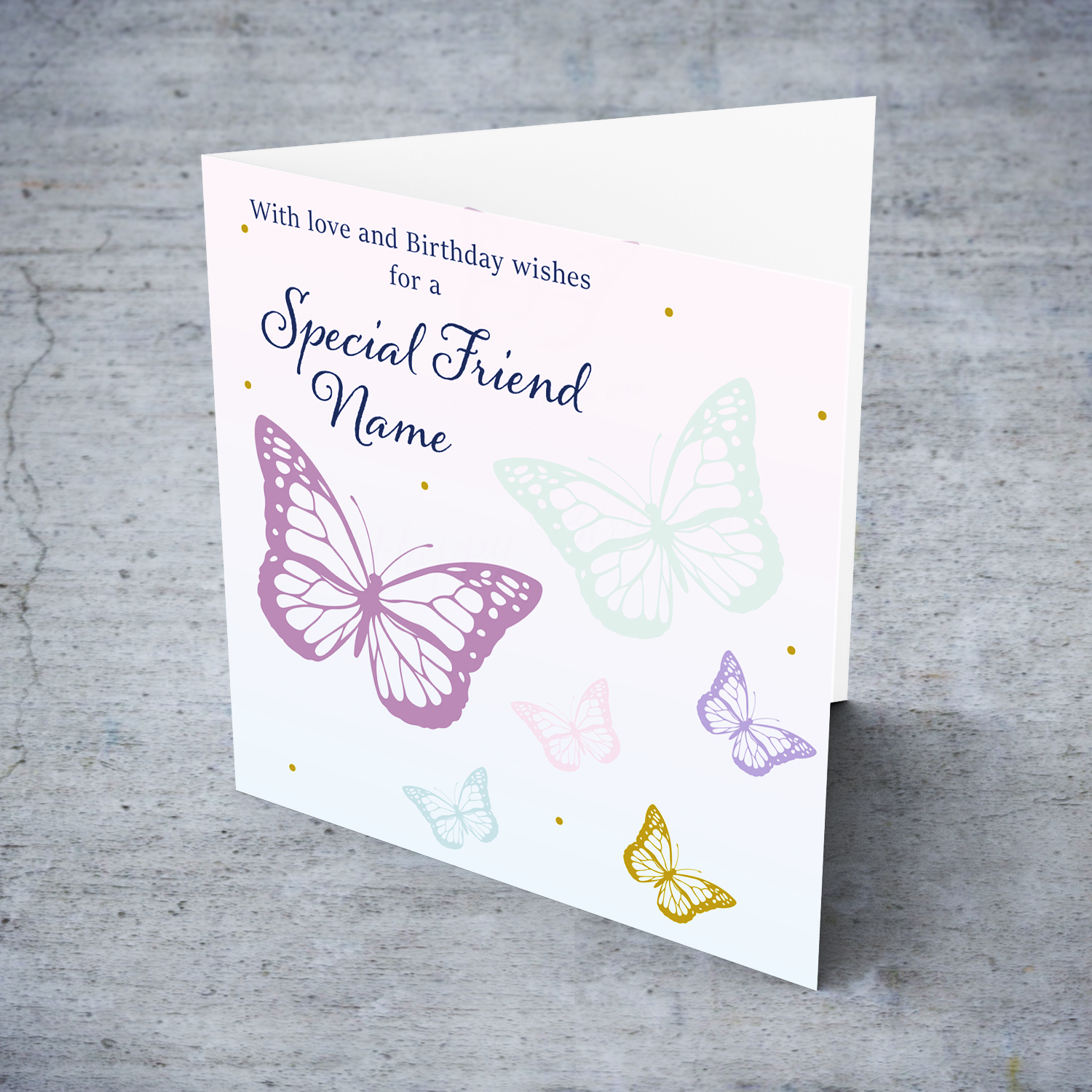 Butterfly themed birthday card for a special friend with a gradient background of pink and blue in English