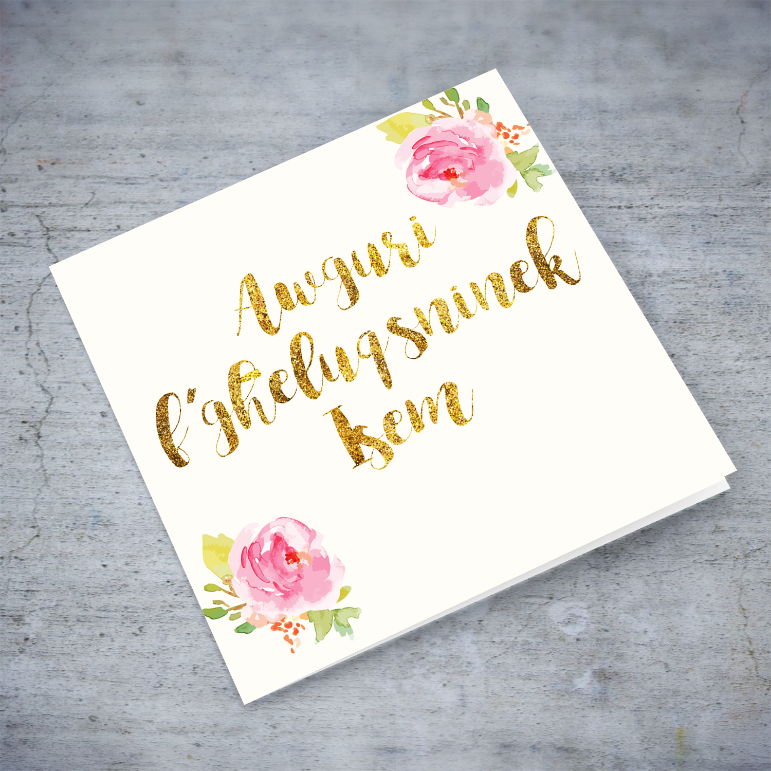 Golden glitter pink floral birthday card in Maltese (Personalisable)