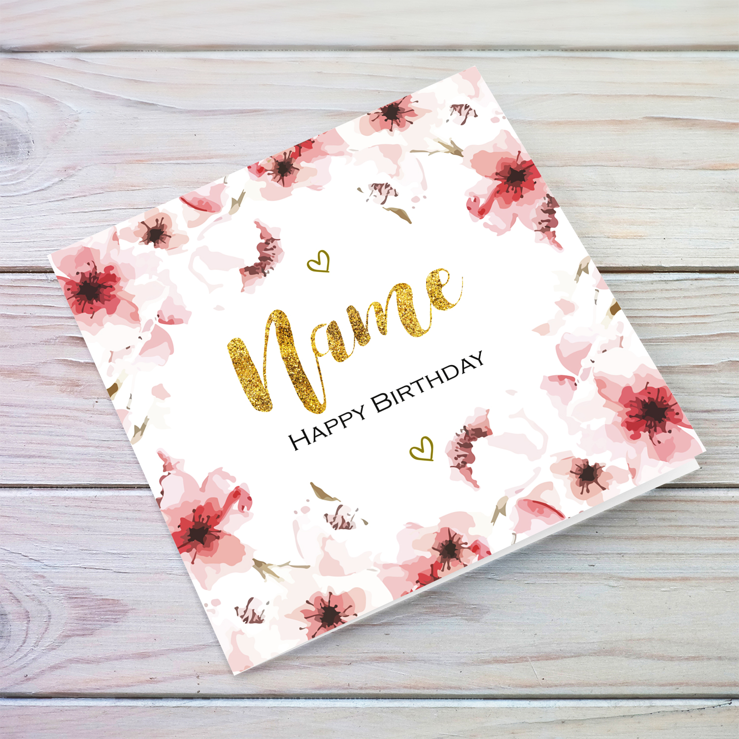 Pink flowers themed birthday card with golden text in English (Personalisable)