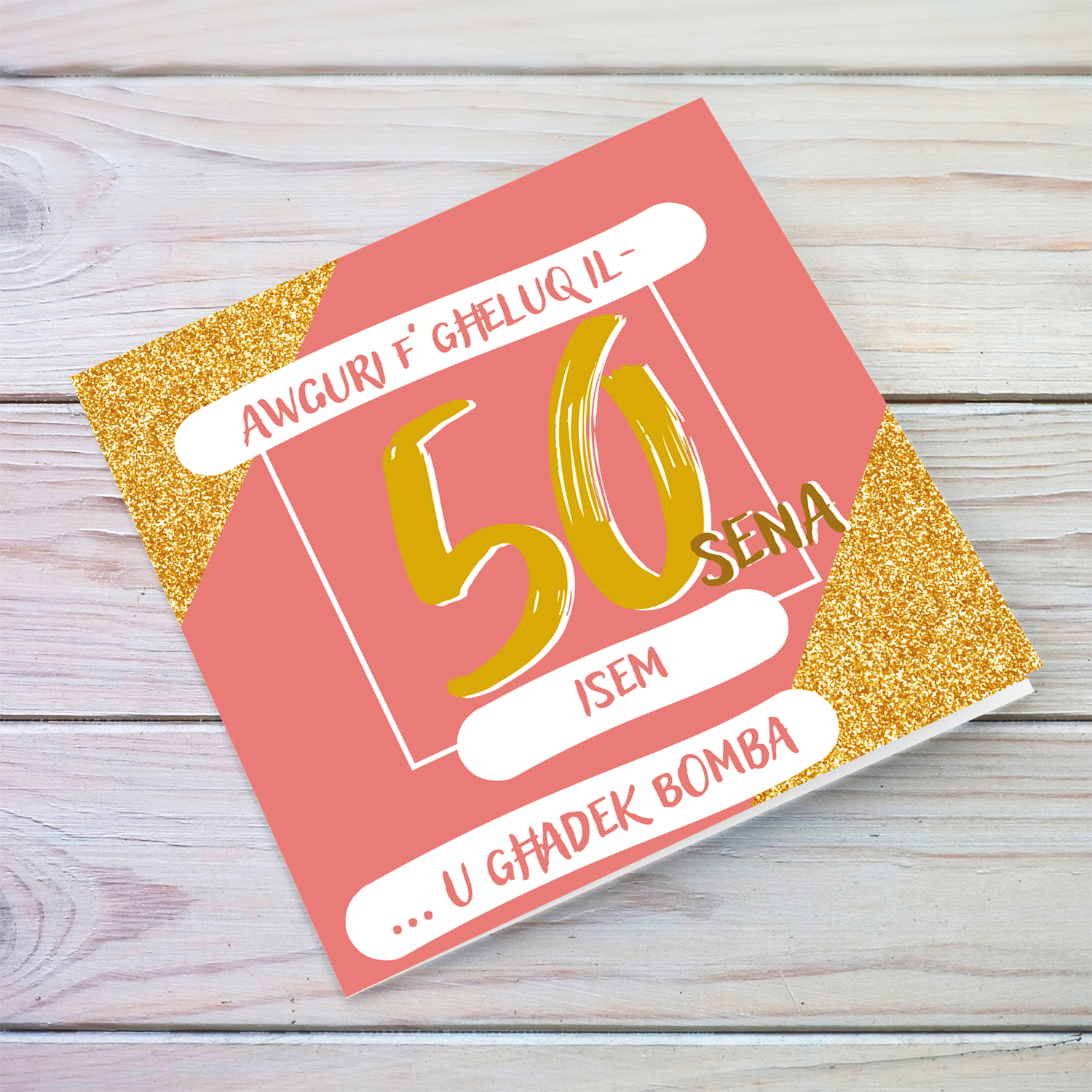 50th Birthday Card in pink and glitter background in Maltese (Personalisable)