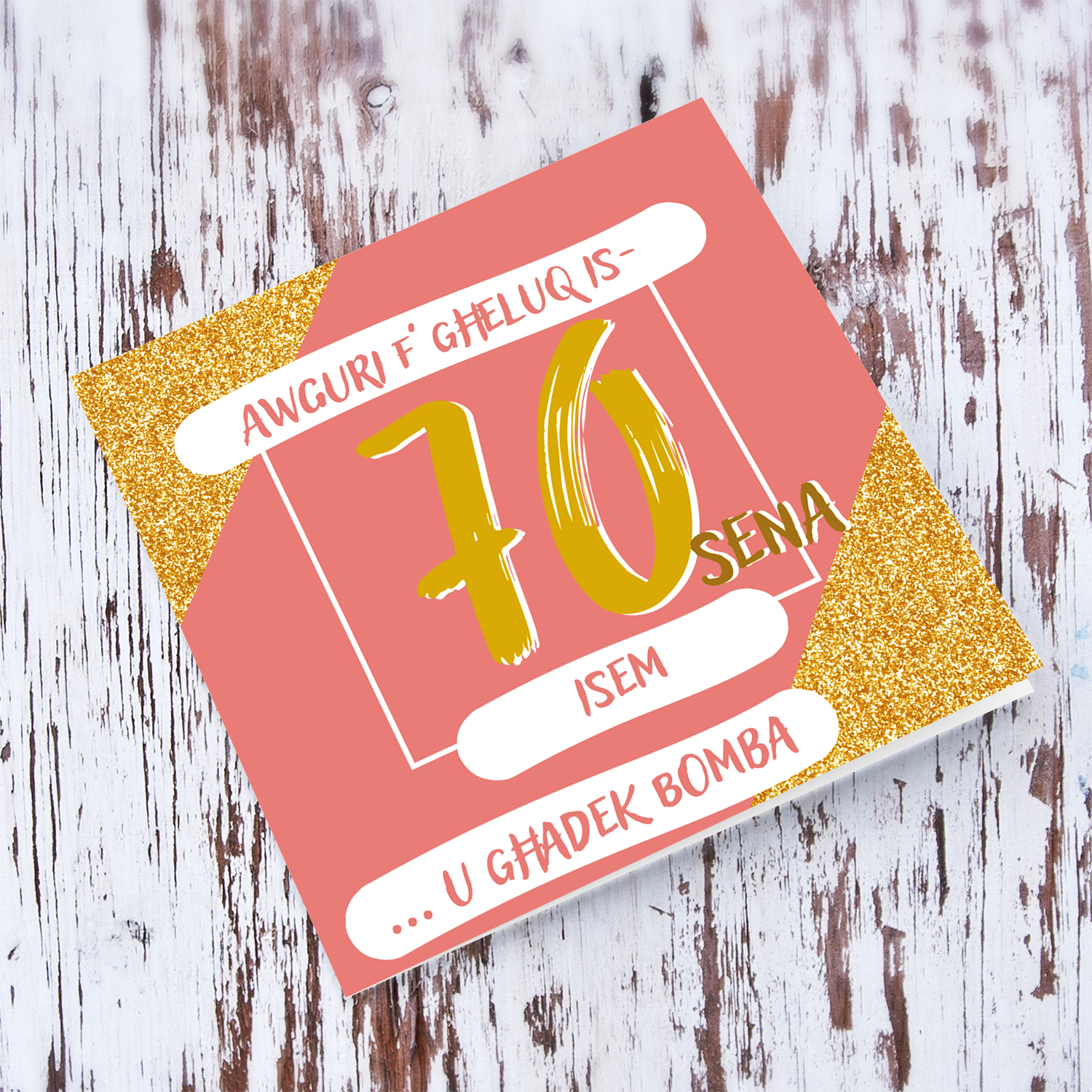 70th Birthday Card in pink and glitter background in Maltese (Personalisable)