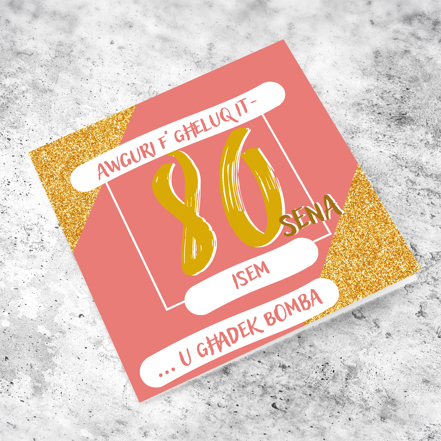 80th Birthday Card in pink and glitter background in Maltese (Personalisable)