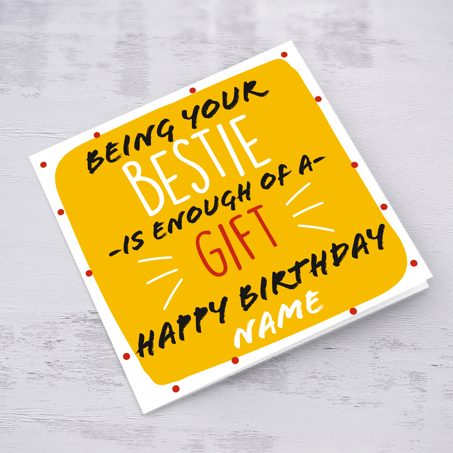 Funny birthday card for your bestie in yellow/orange background (Personalisable) in English 