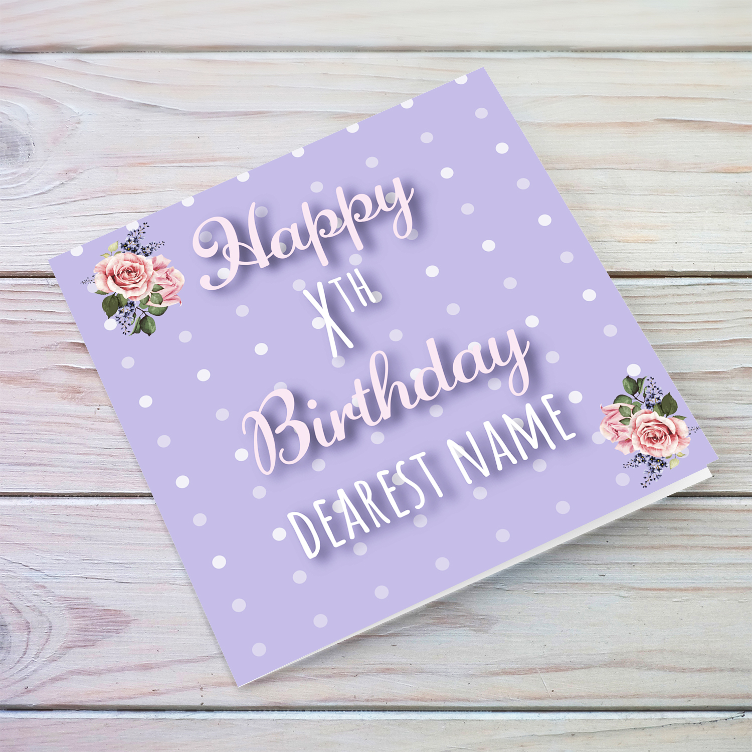 Light purple spotted background with flowers birthday card in English (Personalisable & Age)