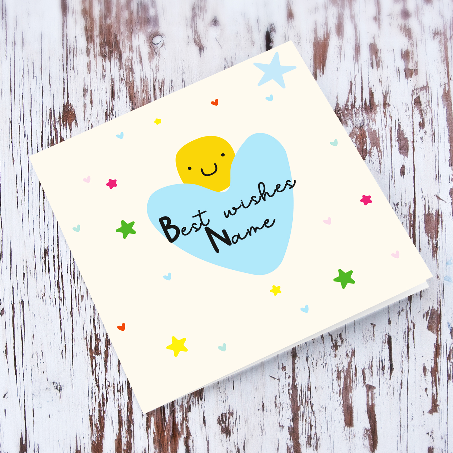Best wishes - cute birthday card with smiley and scattered colourful stars in English (Personalisable)