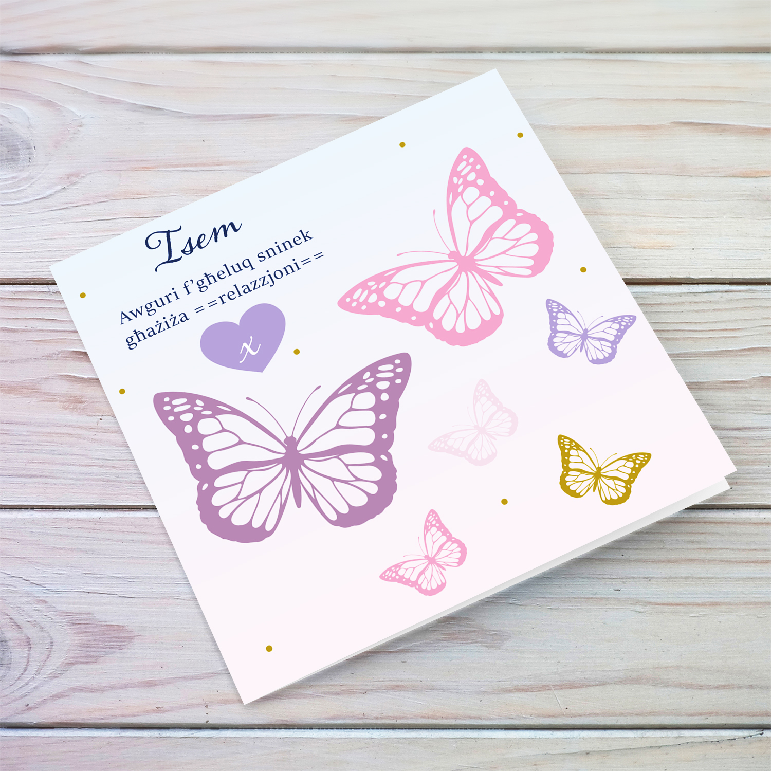 Cute butterfly themed birthday card in light pink and light blue background in Maltese