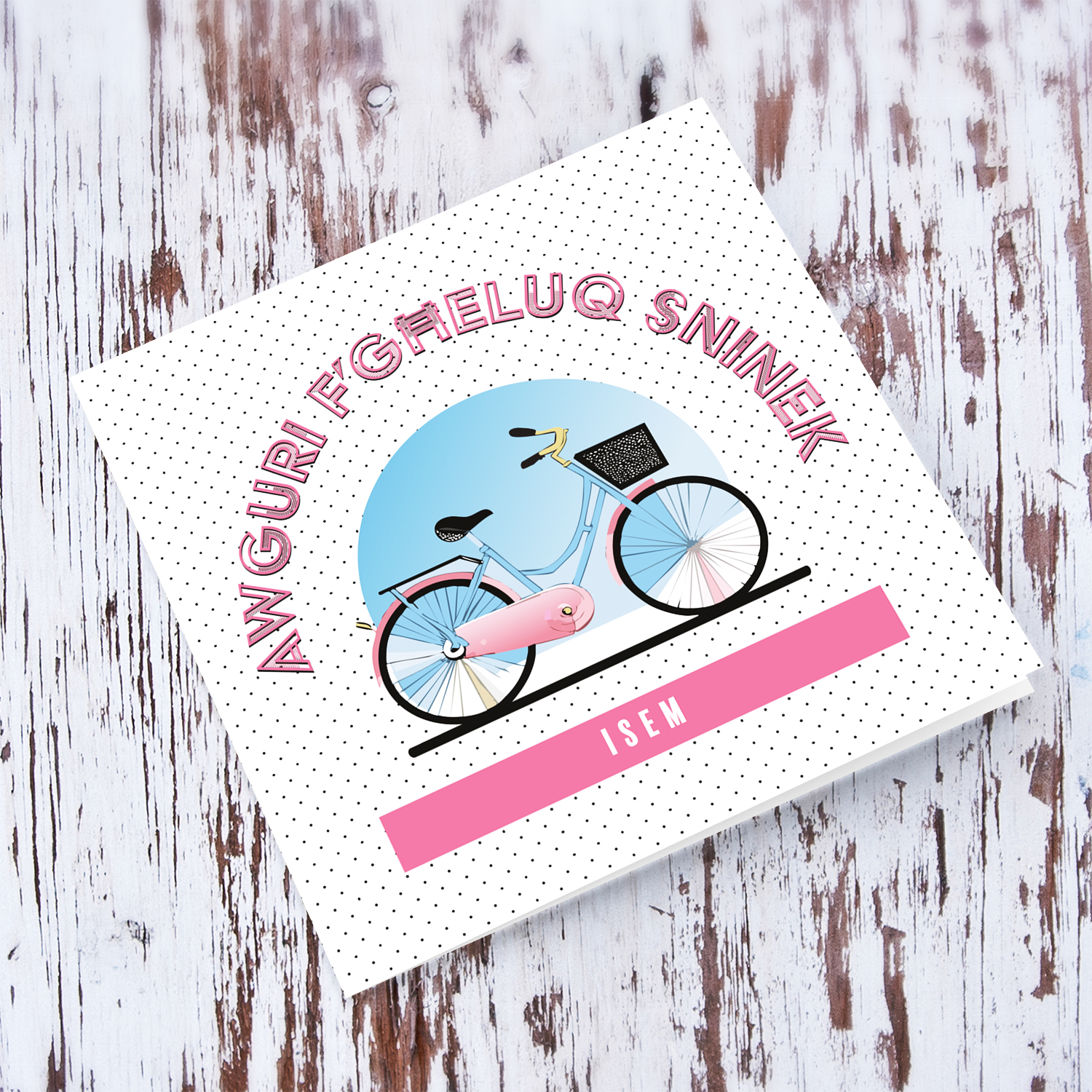 Cute bike themed personalisable birthday card with a bicycle in Maltese