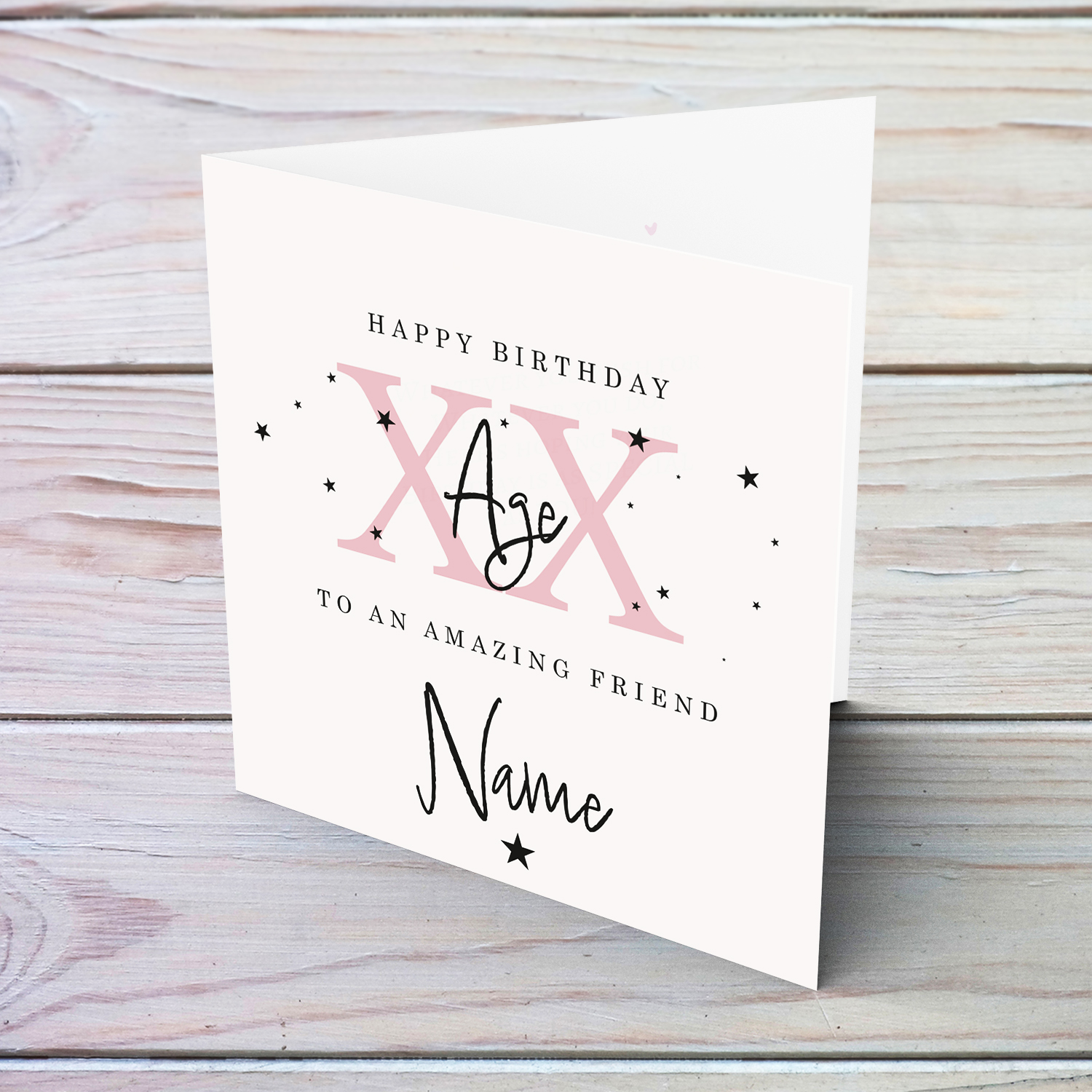 A beautiful birthday card for an amazing friend in a neutral background with scattered black stars, and age in pink - with personalisable Name & Age in English