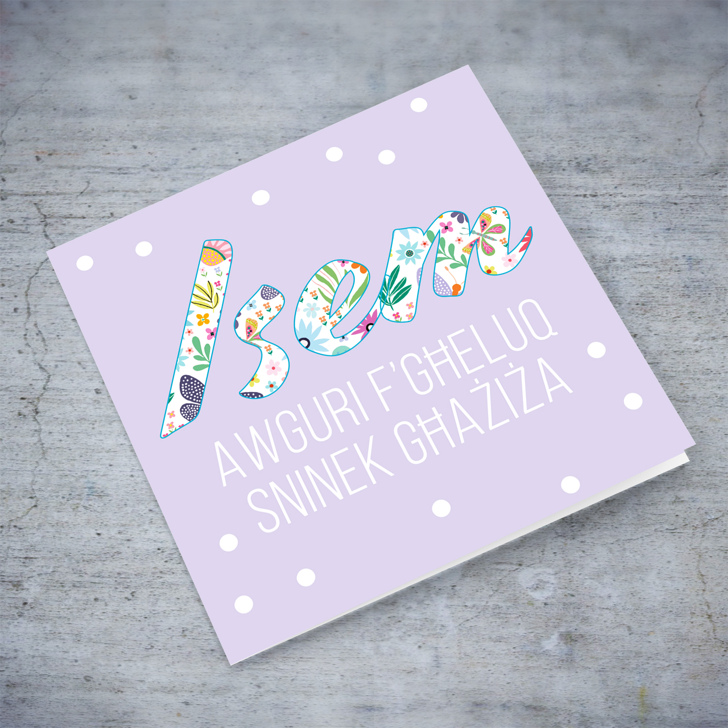 Flowery text personalisable birthday card in purple background in Maltese