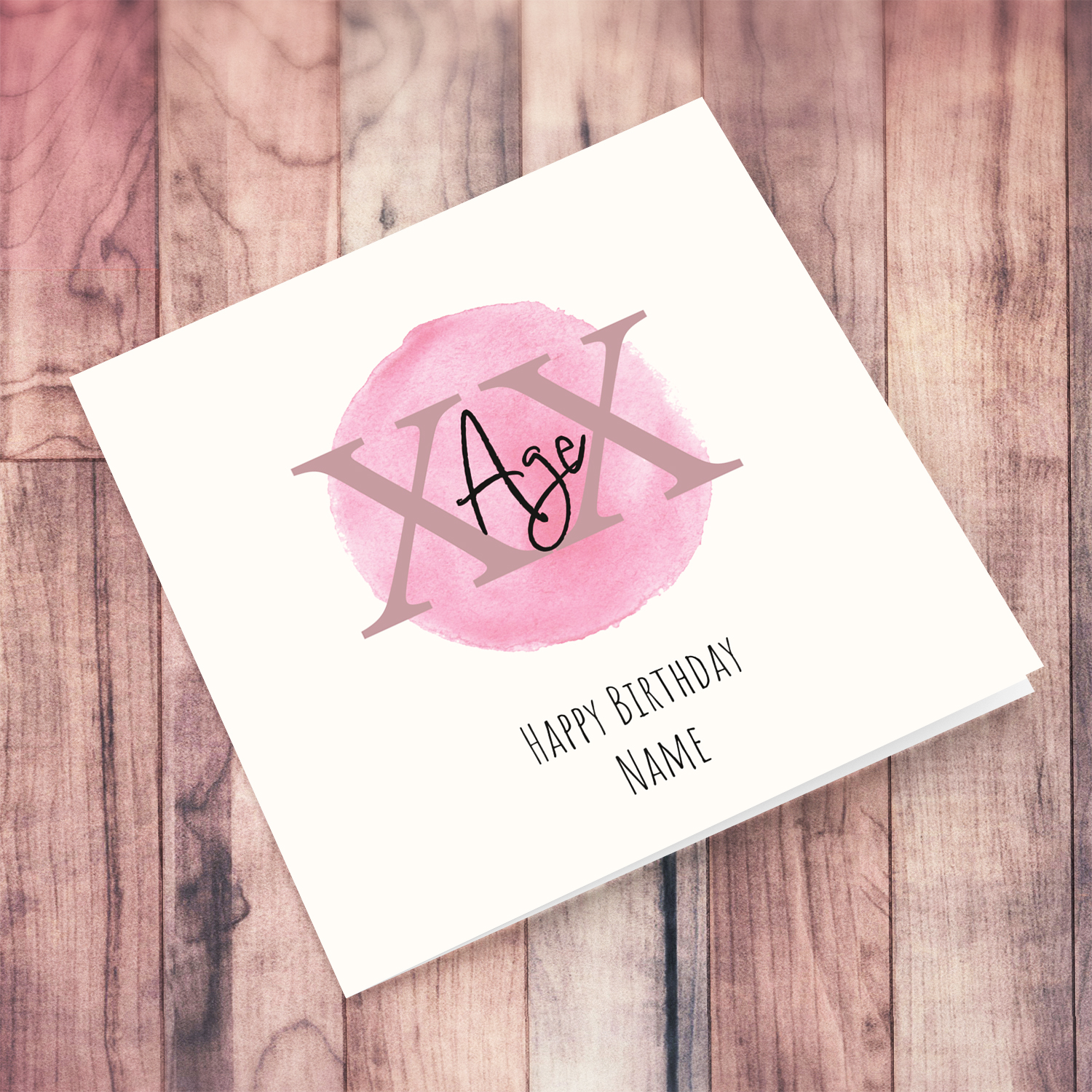Light cream background birthday card with pink watercolour circle in the center, personalisable with age and name in English
