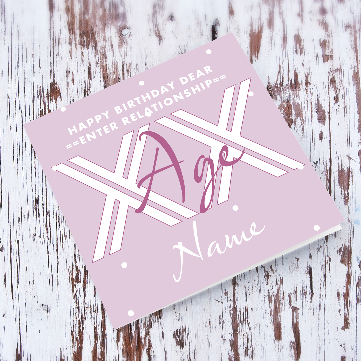 A pink/purple background open birthday card in white spots in white text in English (Personalisable, Enter Age)