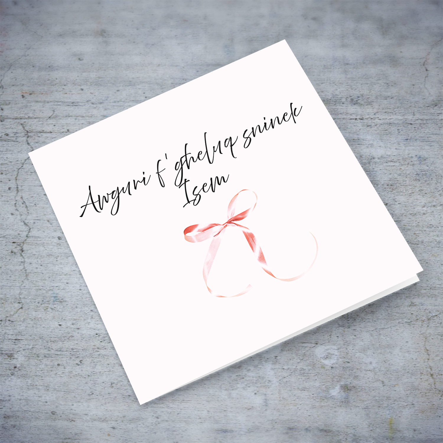 Cute and petite birthday card in light pink background featuring a dainty bow in Maltese (Personalisable)