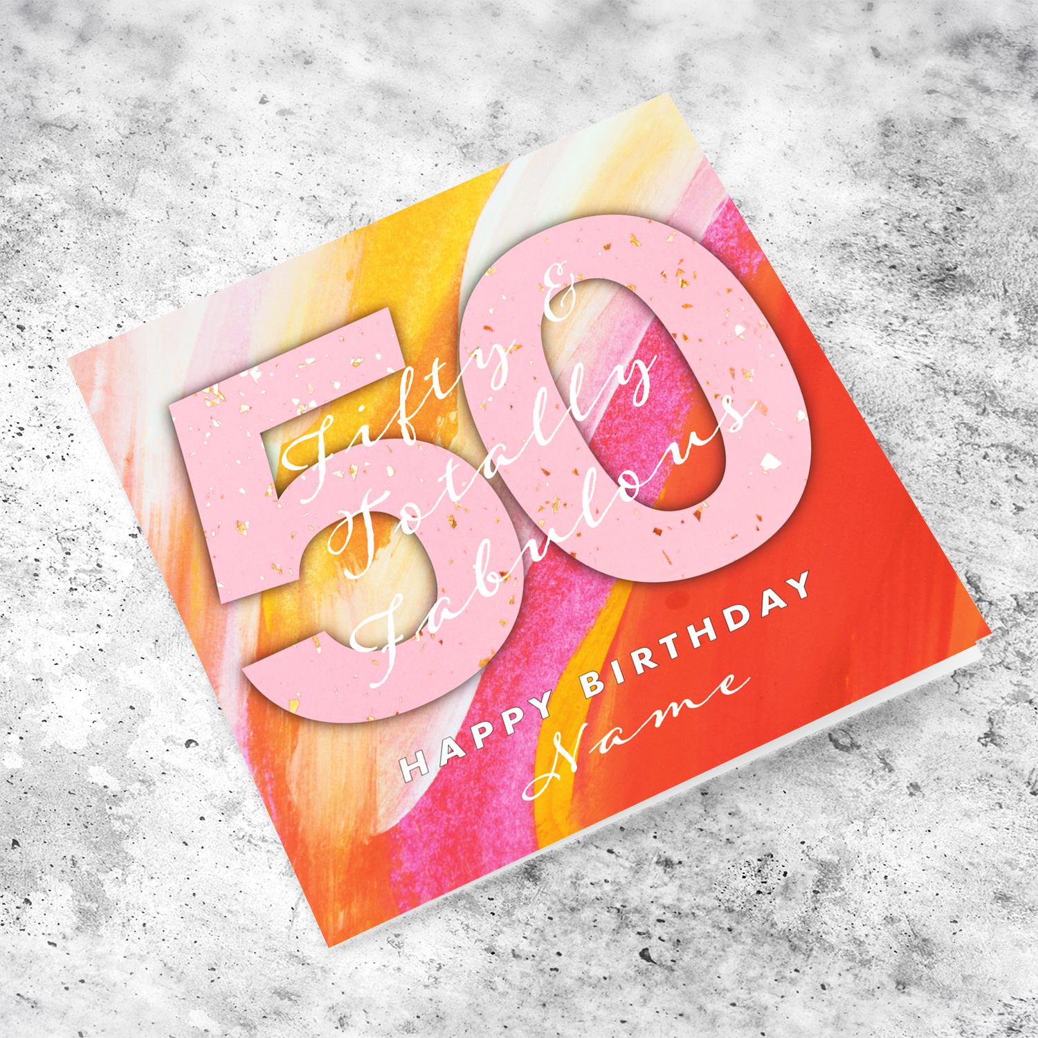 A colourful background 50th Birthday greeting card - Fifty and totally fabulous - in English