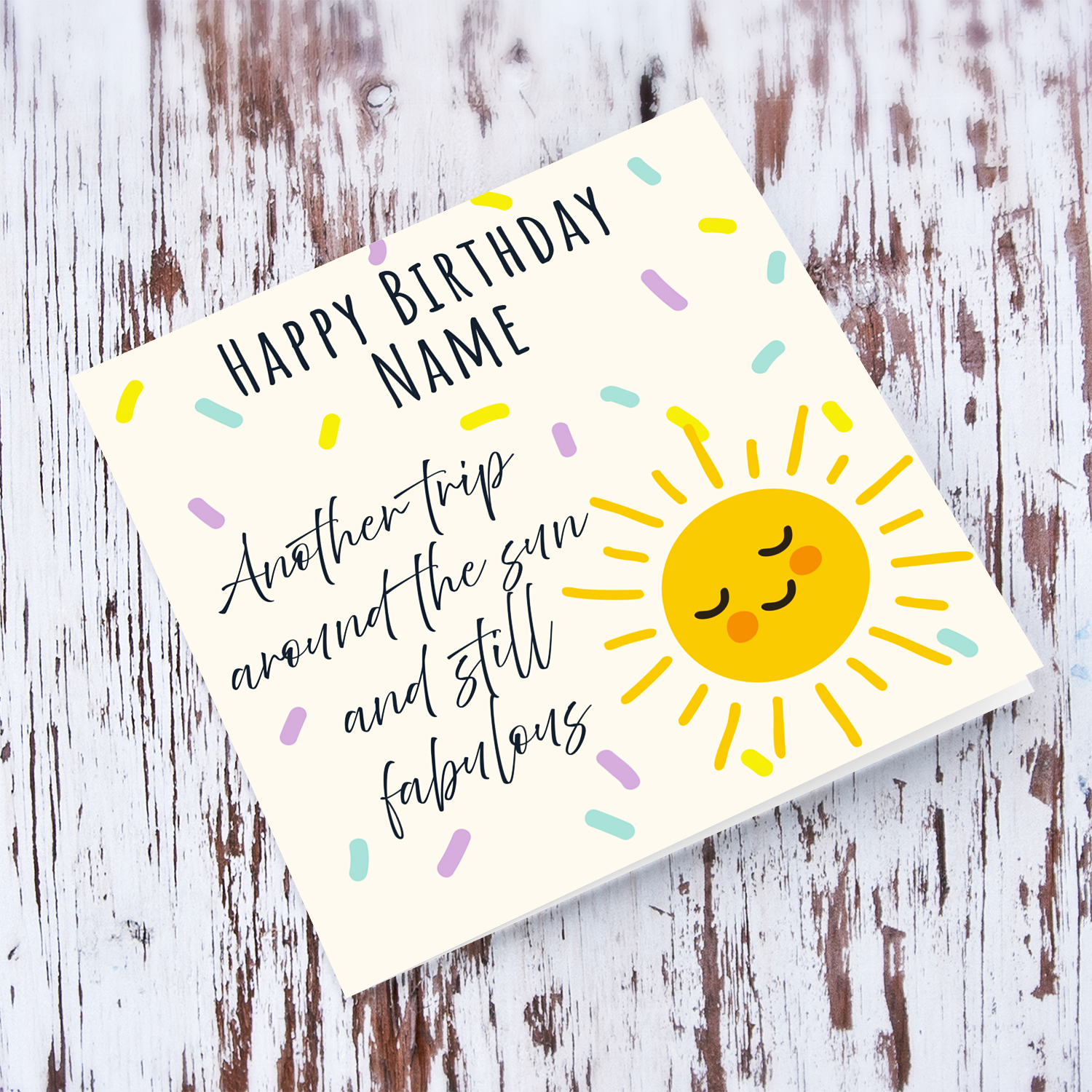 Cute open birthday card featuring a smiling sun and colourful scattered confetti in English (Unisex, neutral & personalisable) 