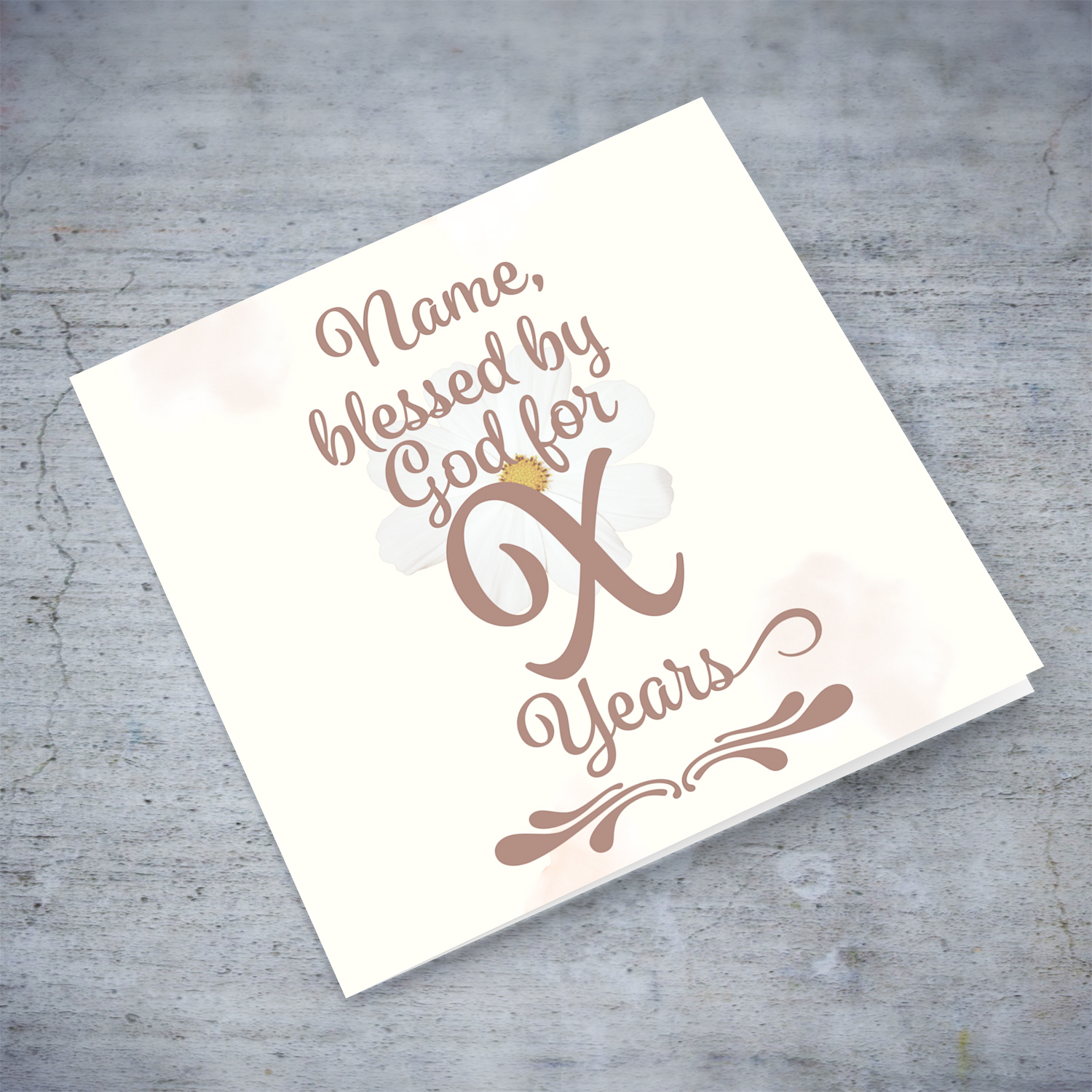 Blessed by God for X years - personalisable birthday card in a flower themed background and neutral colours in English (enter age)