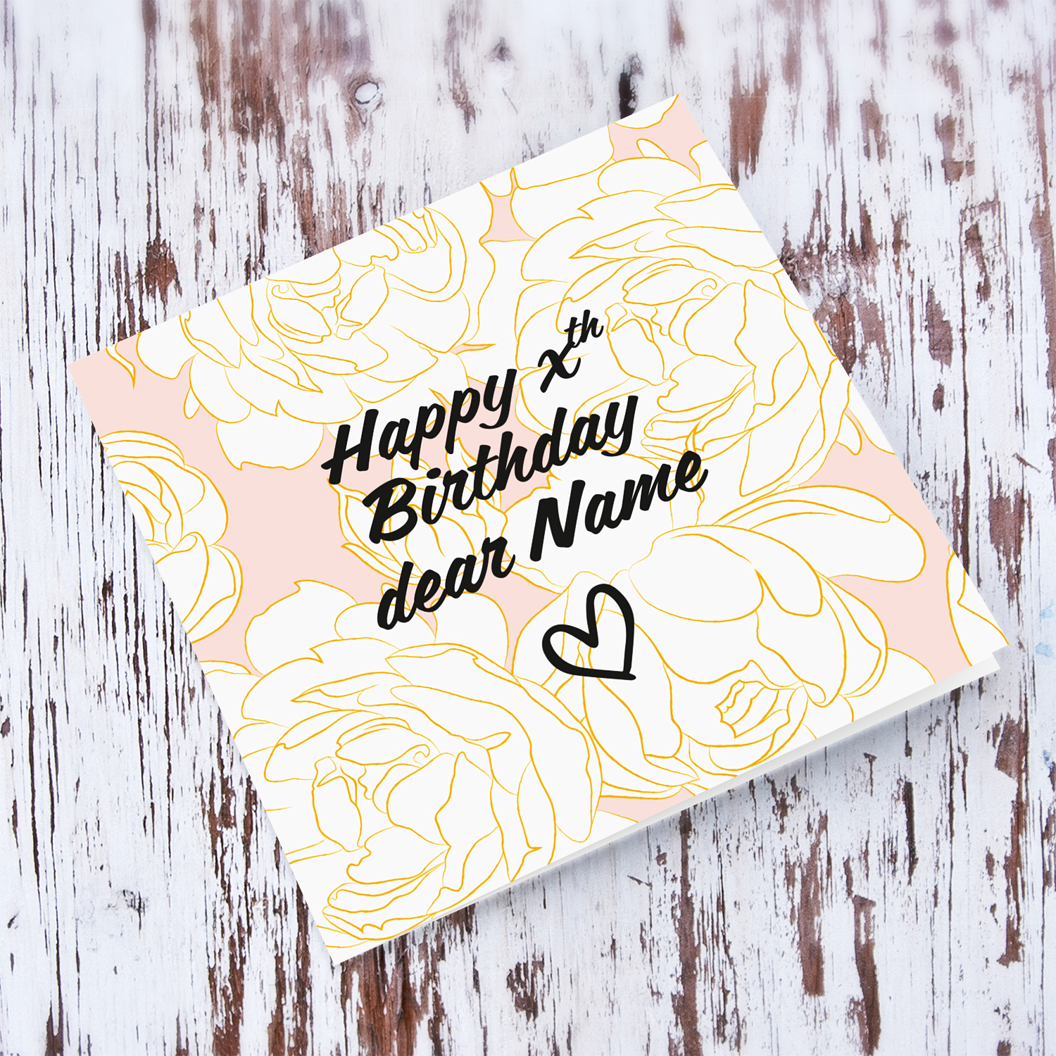 A beautiful white florals with orange outline and pink background birthday card in English (Personalisable)