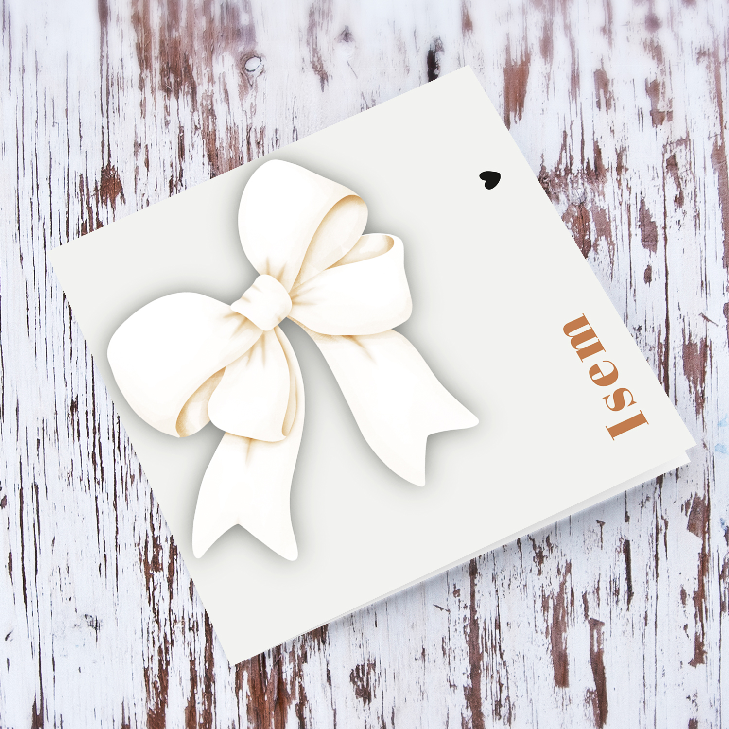A cute white big bow themed birthday card, personalisable with name on the side with a black heart (Personalisable)