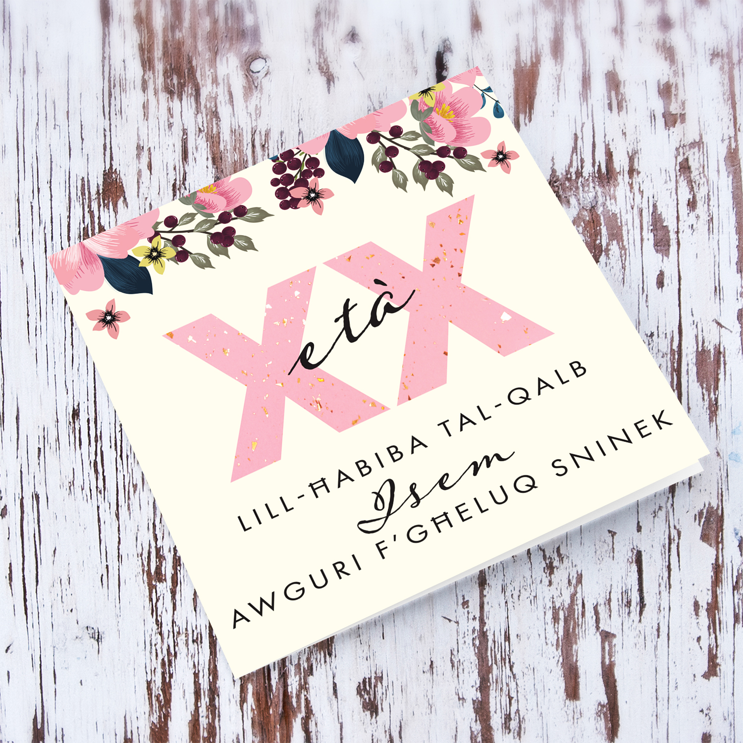 A beautiful floral birthday card for your bestie in Maltese (Personalisable with name and age)