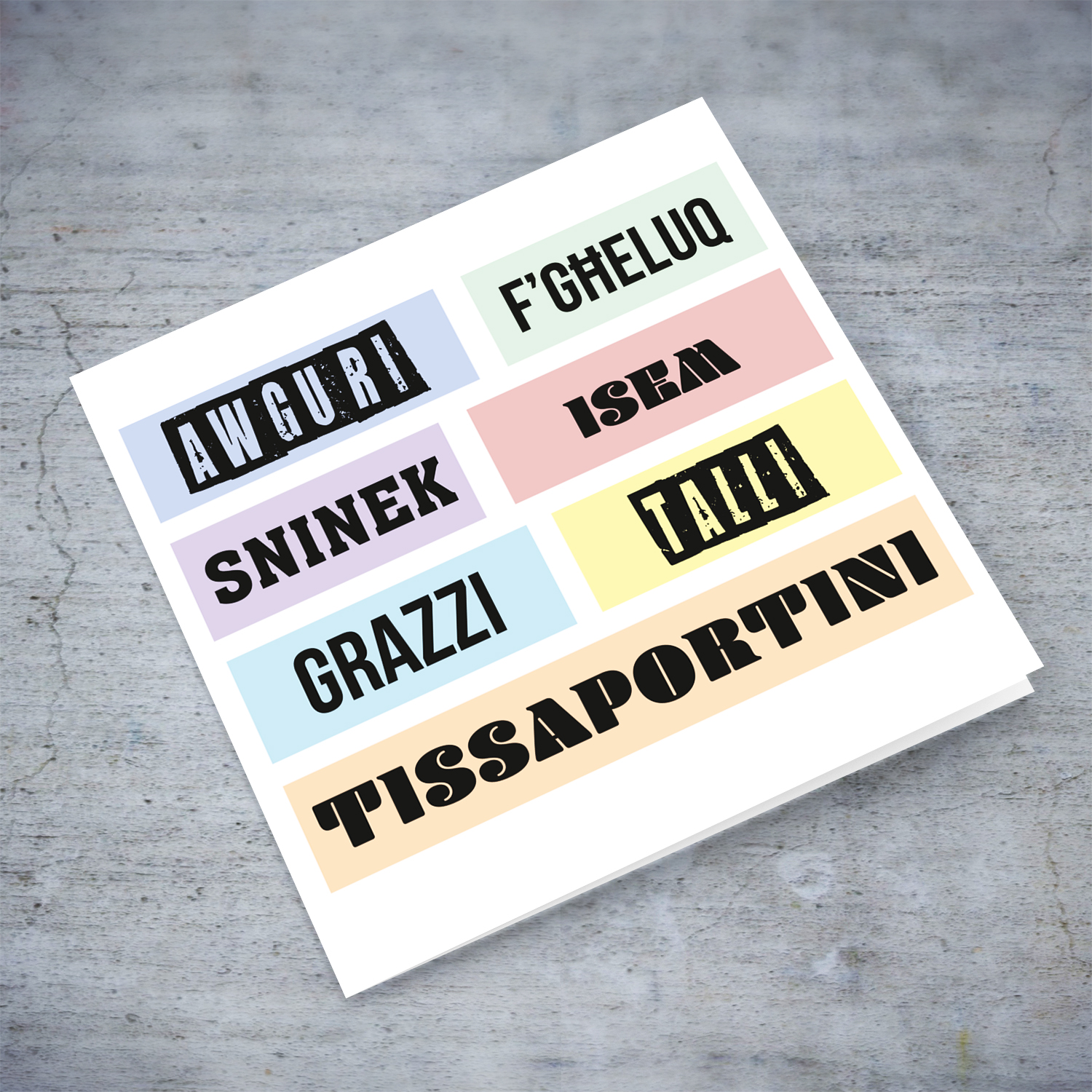 Colourful, modern pastel coloured birthday card in Maltese (Funny)