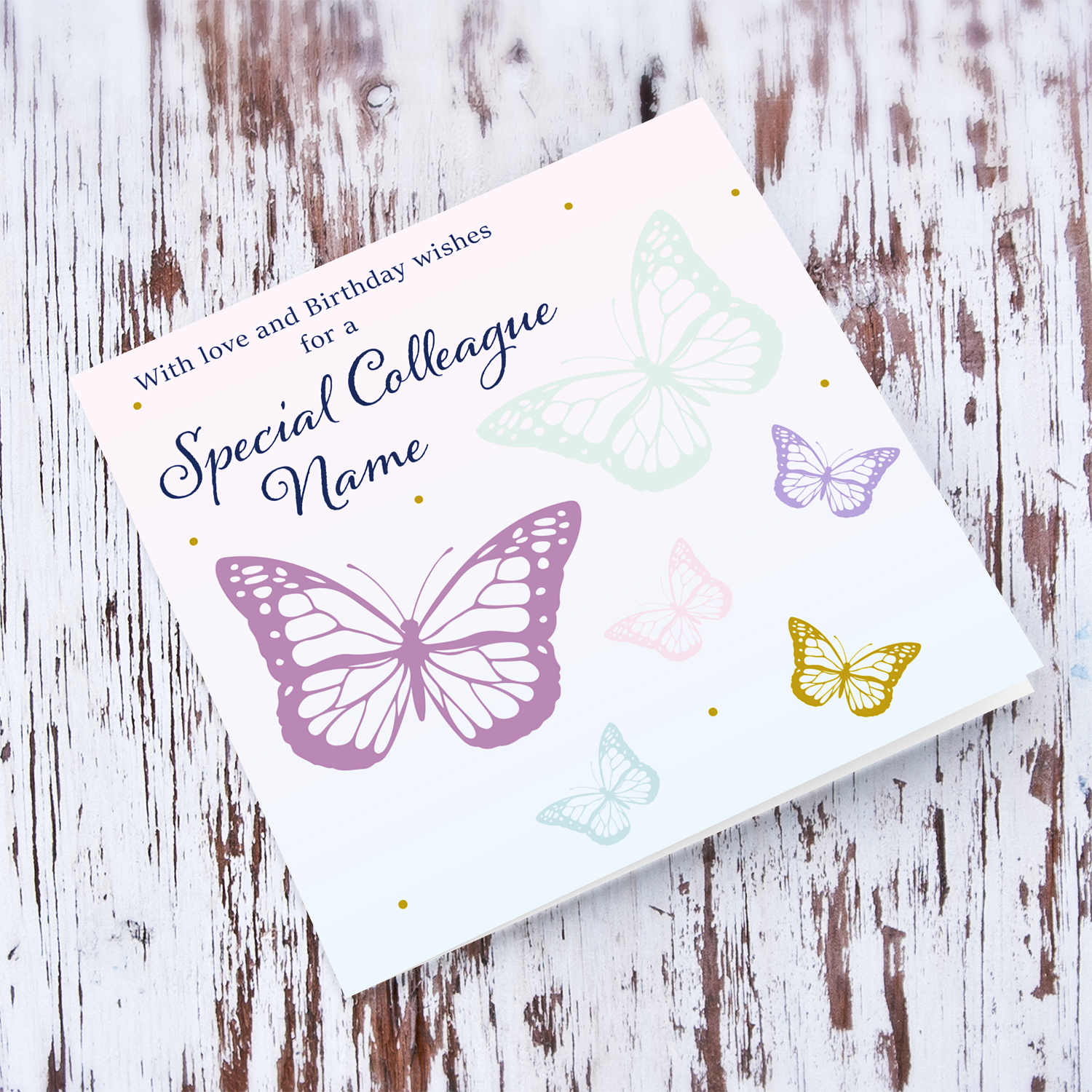 Butterfly themed birthday card for a special colleague with a gradient background of pink and blue in English