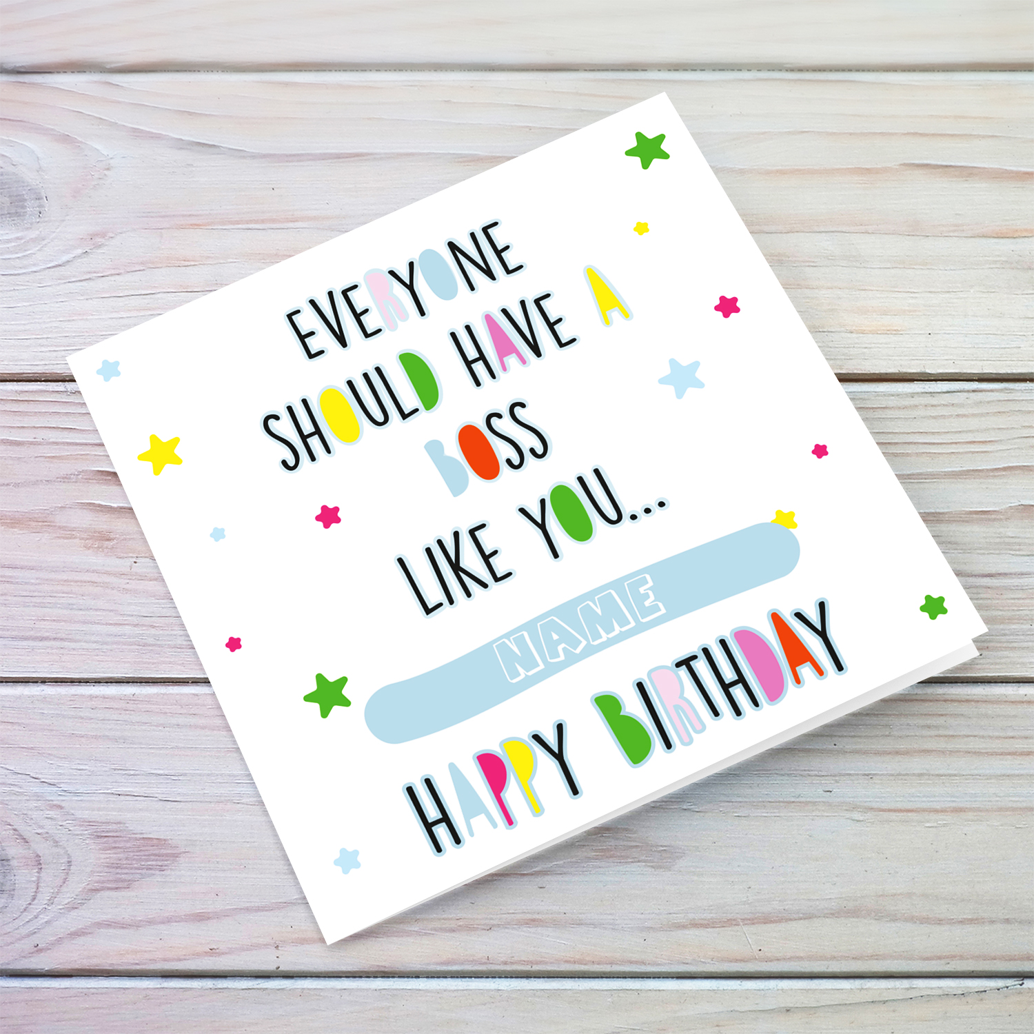 Colourful and funny birthday card for boss, with scattered stars in English 