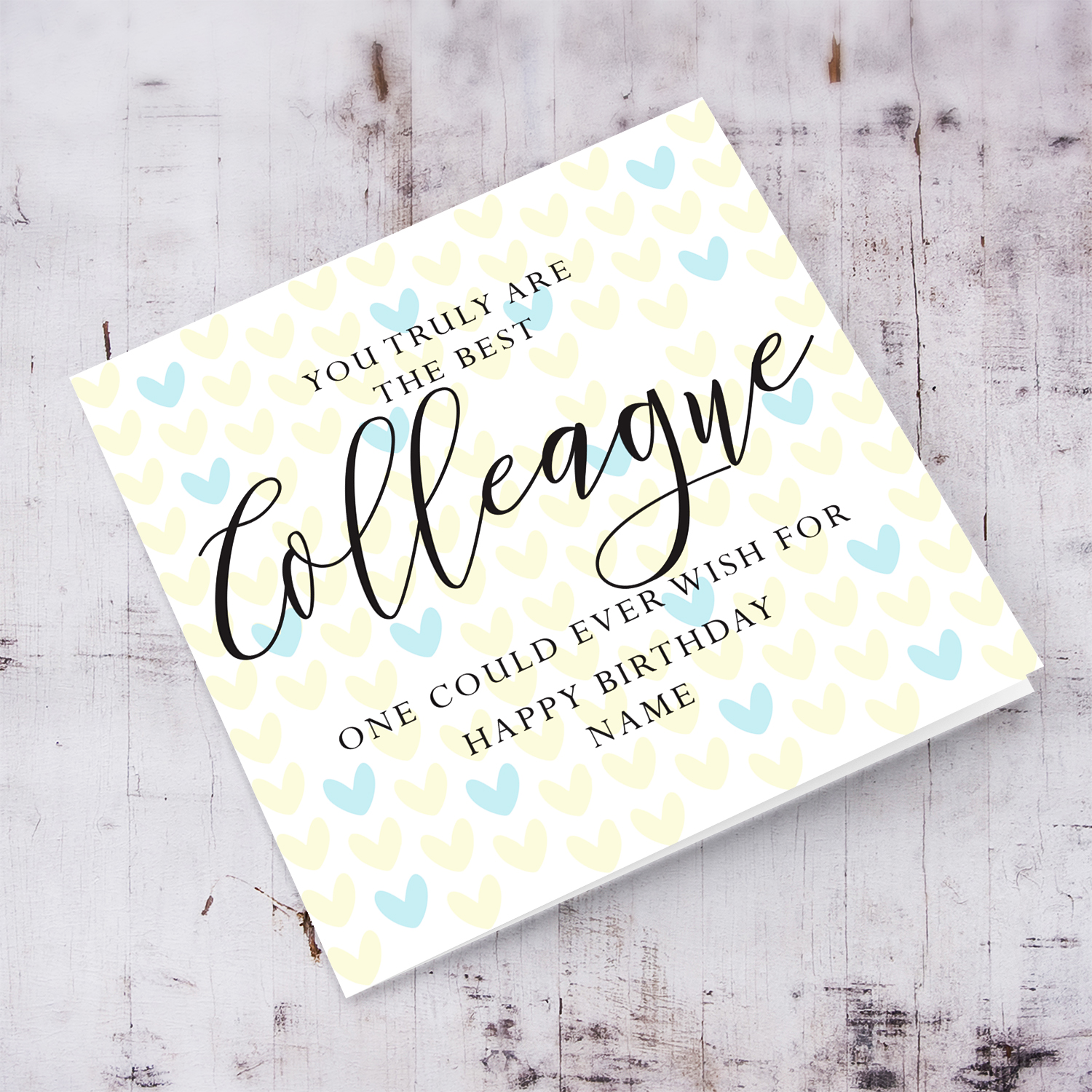 A cute birthday card for your colleague, in two toned heart background yellow & light blue in English (Personalisable & Unisex)