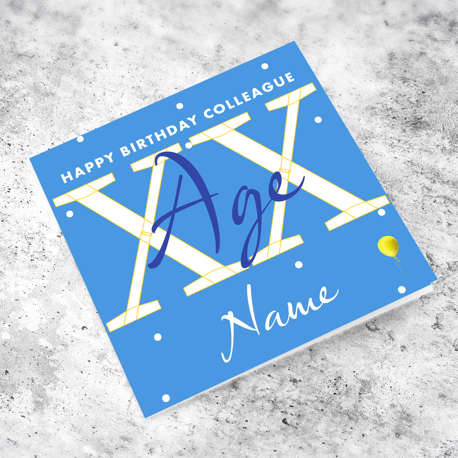 A blue background birthday card in white spots, for Work Colleague in white text in English (Personalisable)
