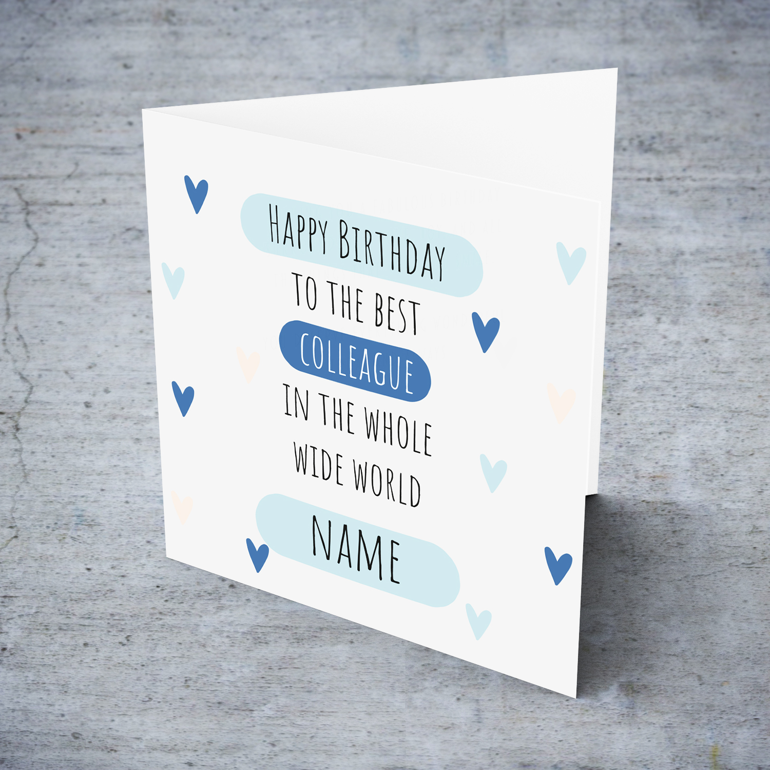 Happy Birthday to the best colleague in the whole wide world - birthday card in light gray background and scattered hearts in English (Personalisable)