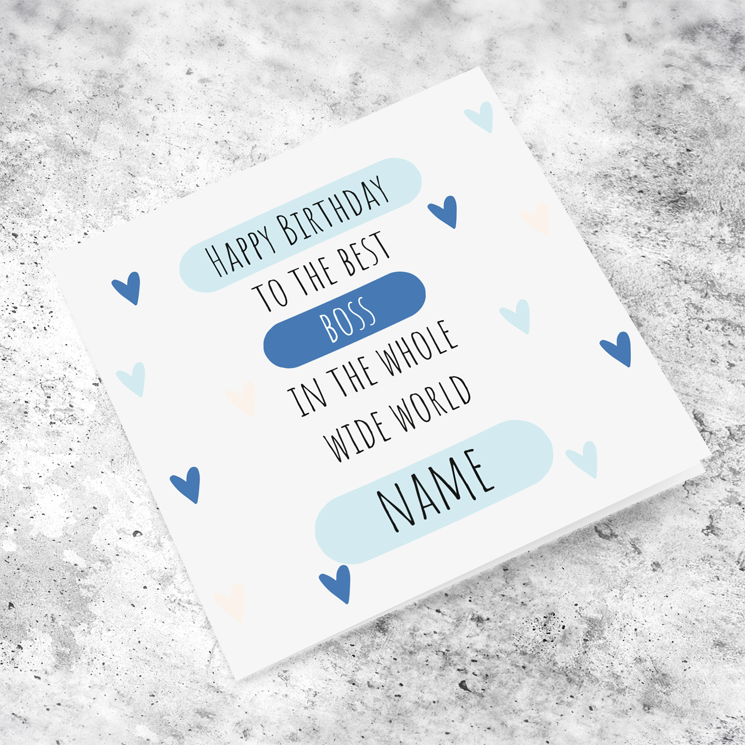 Happy Birthday to the best BOSS in the whole wide world - birthday card in light gray background and scattered hearts in English (Personalisable)