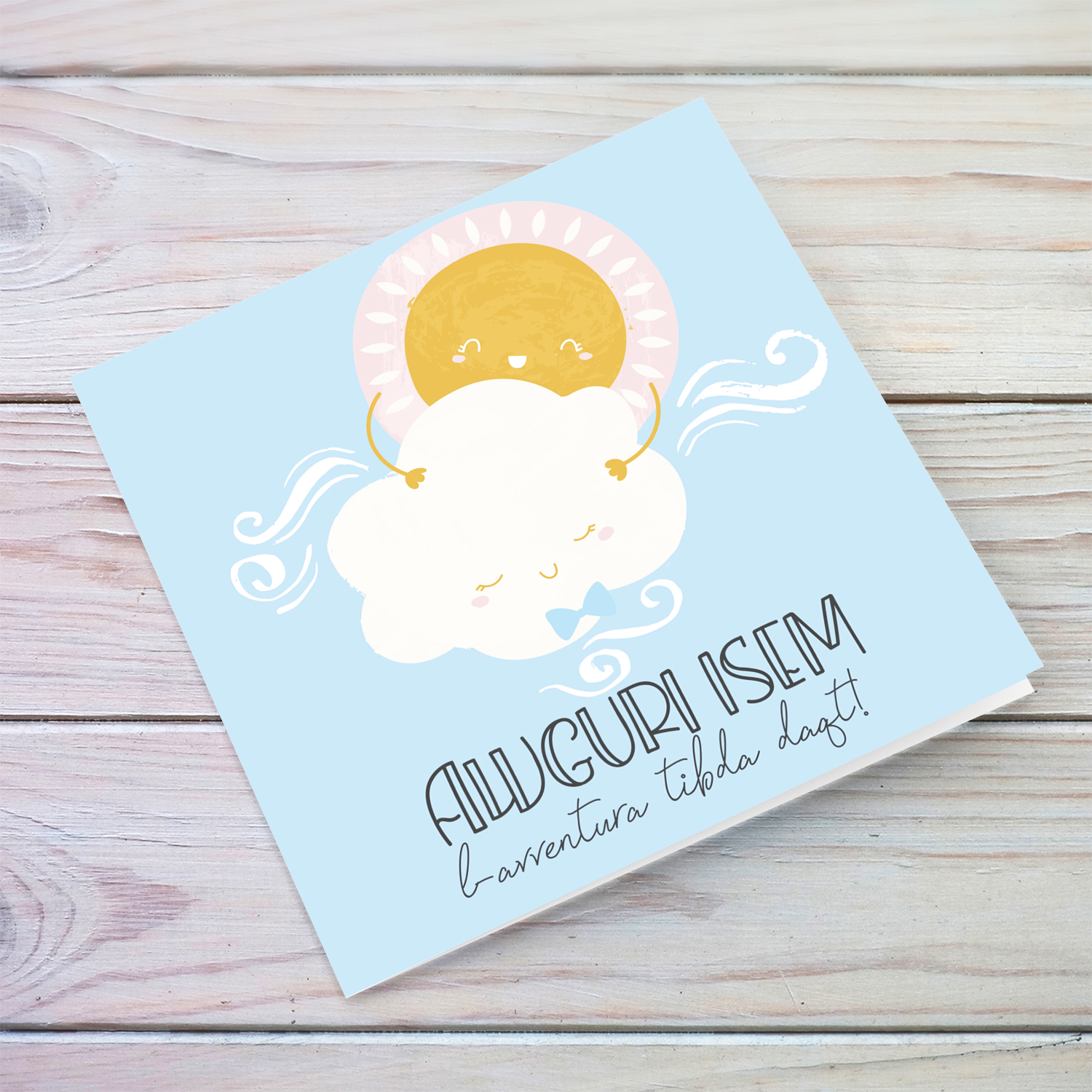 Light blue background with sun hugging cloud with blue bow baby shower card in Maltese (Personalisable)