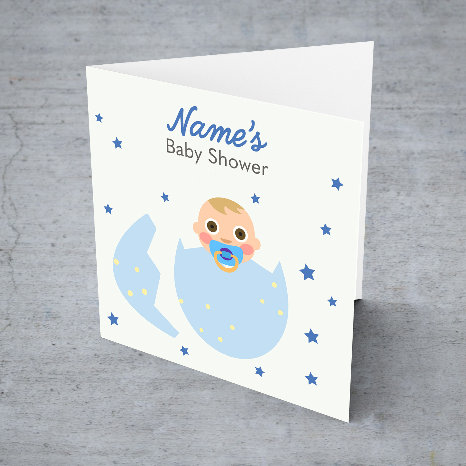 Baby in blue egg with scattered blue stars baby shower card in English (Personalisable)
