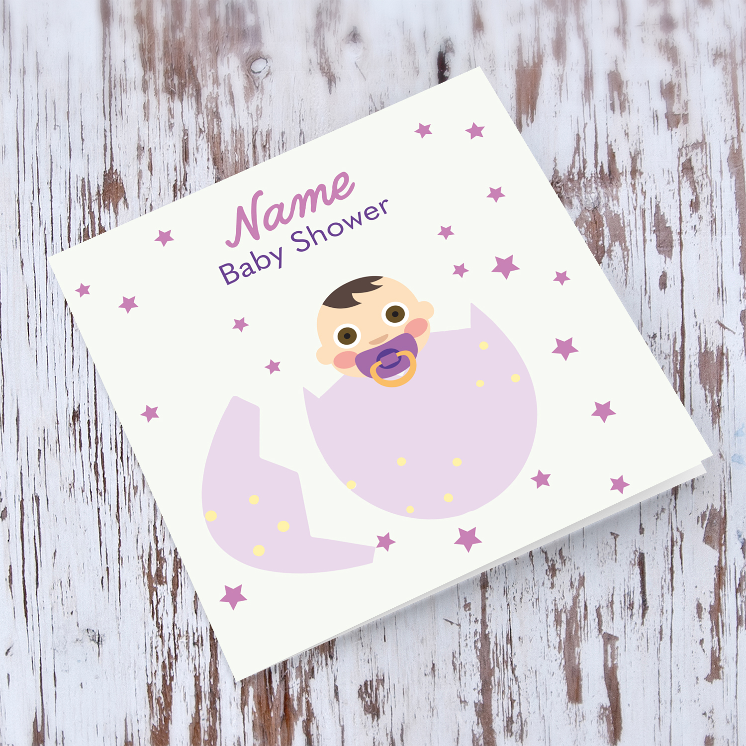 Baby in pink egg with scattered pink stars baby shower card in English (Personalisable)