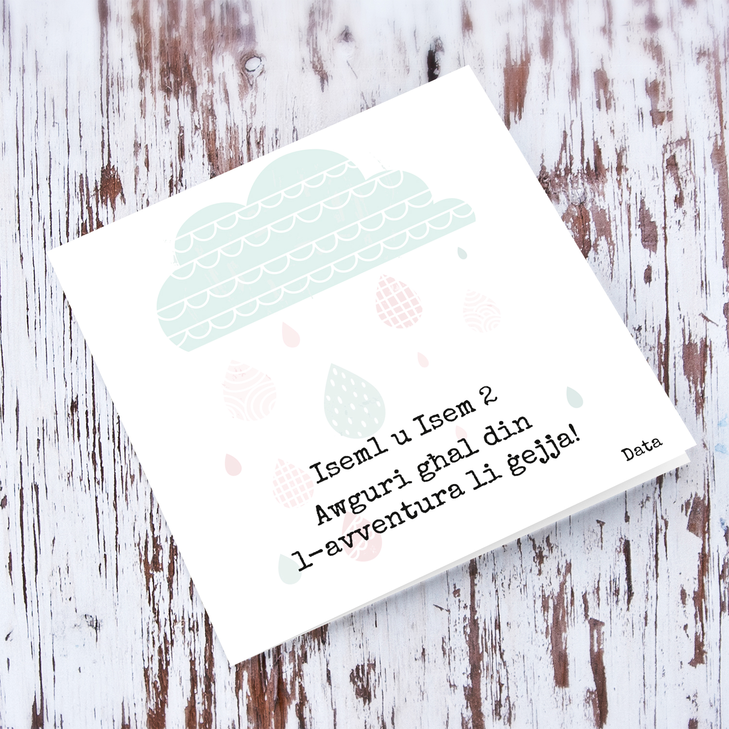 Cloud with raindrops falling baby shower card for both parents in Maltese (Personalisable)