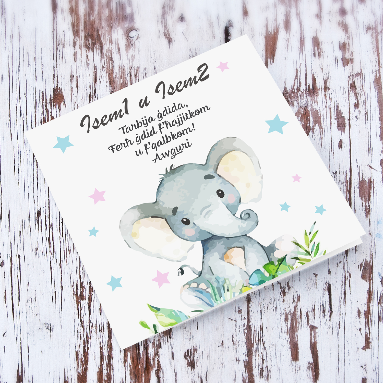 Cute elephant themed card with pink and light blue stars in Maltese