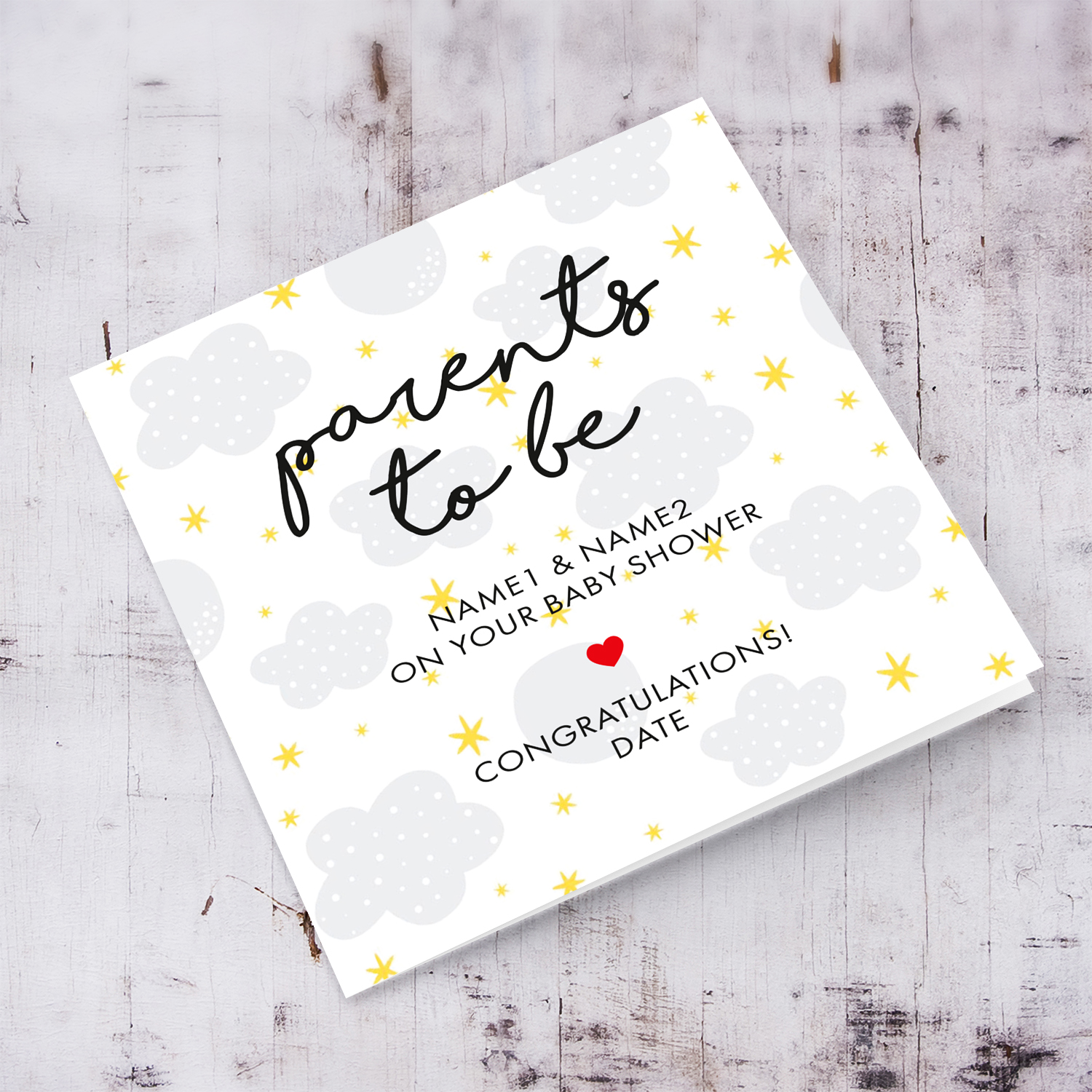 Baby shower card for parents to be featuring a cute background with light gray clouds and scattered stars in English (Personalisable)