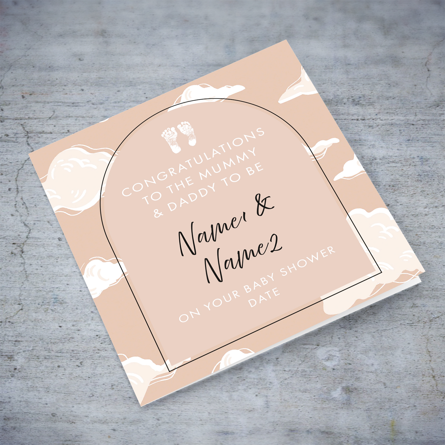 A neutral coloured baby shower card featuring clouds in the background and baby footprints in English (Personalisable)