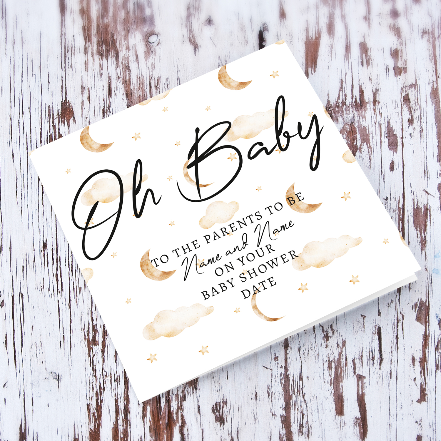 Oh Baby! Baby shower card featuring neutral coloured moons, clouds and stars in English 