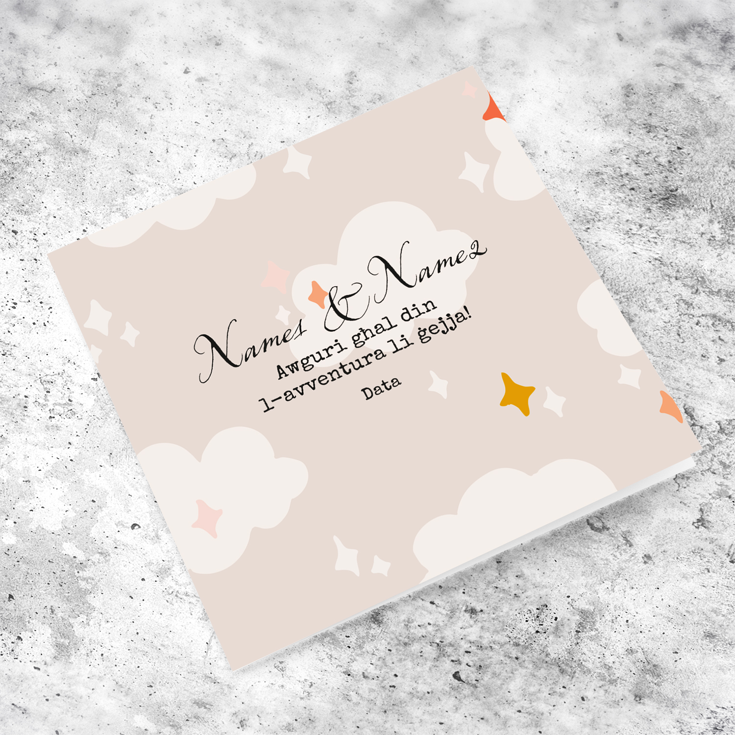 A baby shower card in a neutral background in Maltese (Personalisable)