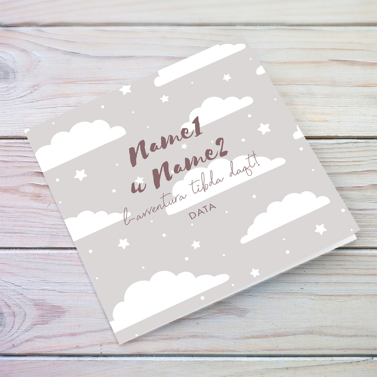 A neutral baby shower card featuring white clouds and stars in Maltese (Personalisable & Neutral)