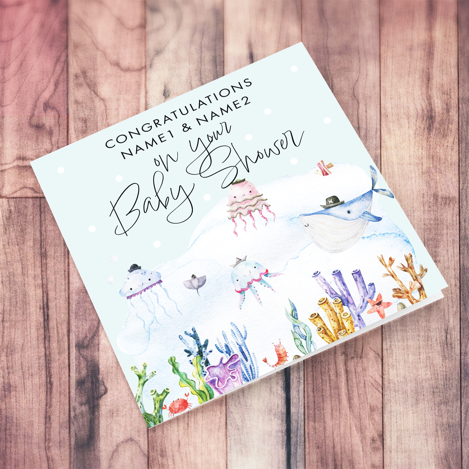 A cute underwater themed Baby Shower Card in English (Personalisable)