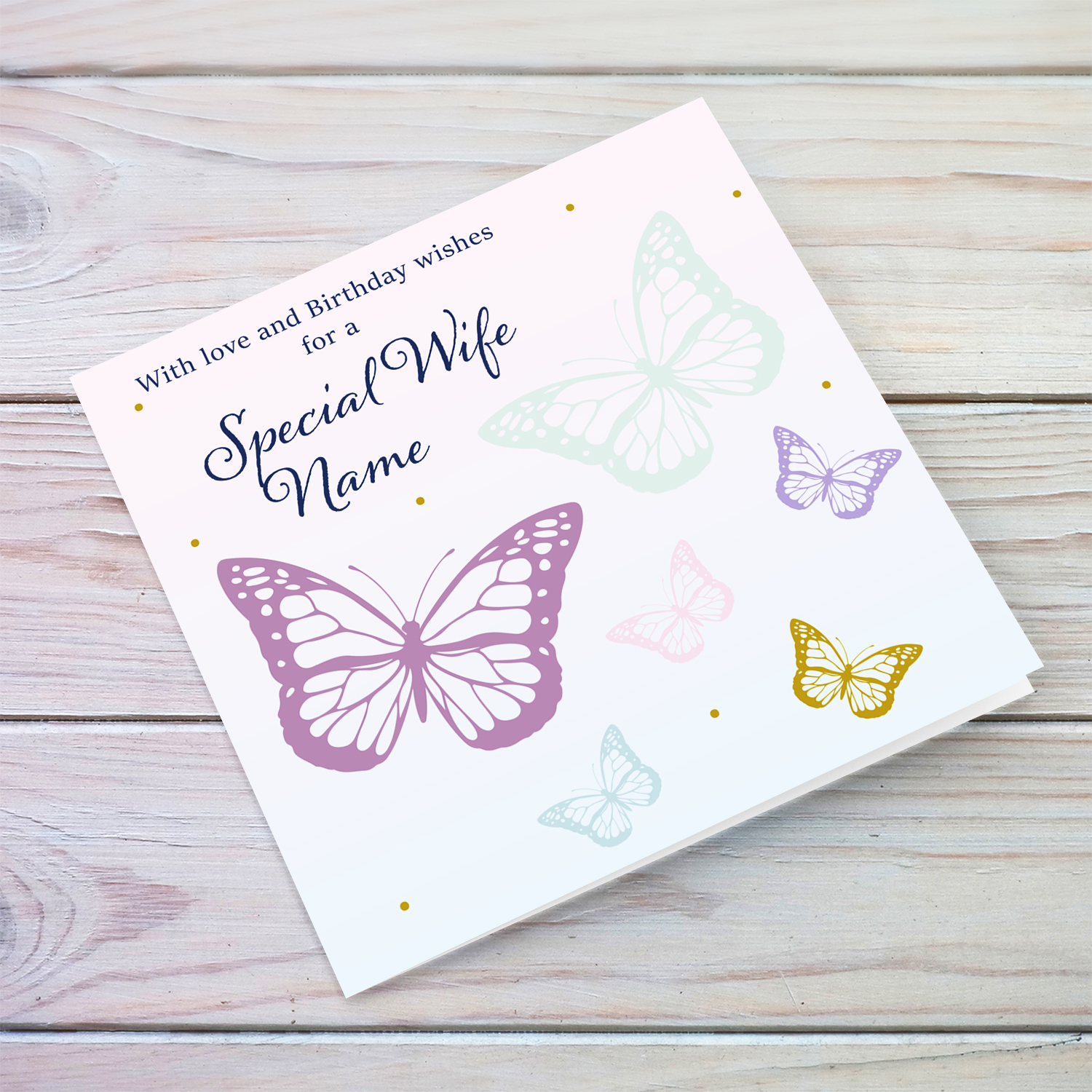 Butterfly themed birthday card for a special wife with a gradient background of pink and blue in English