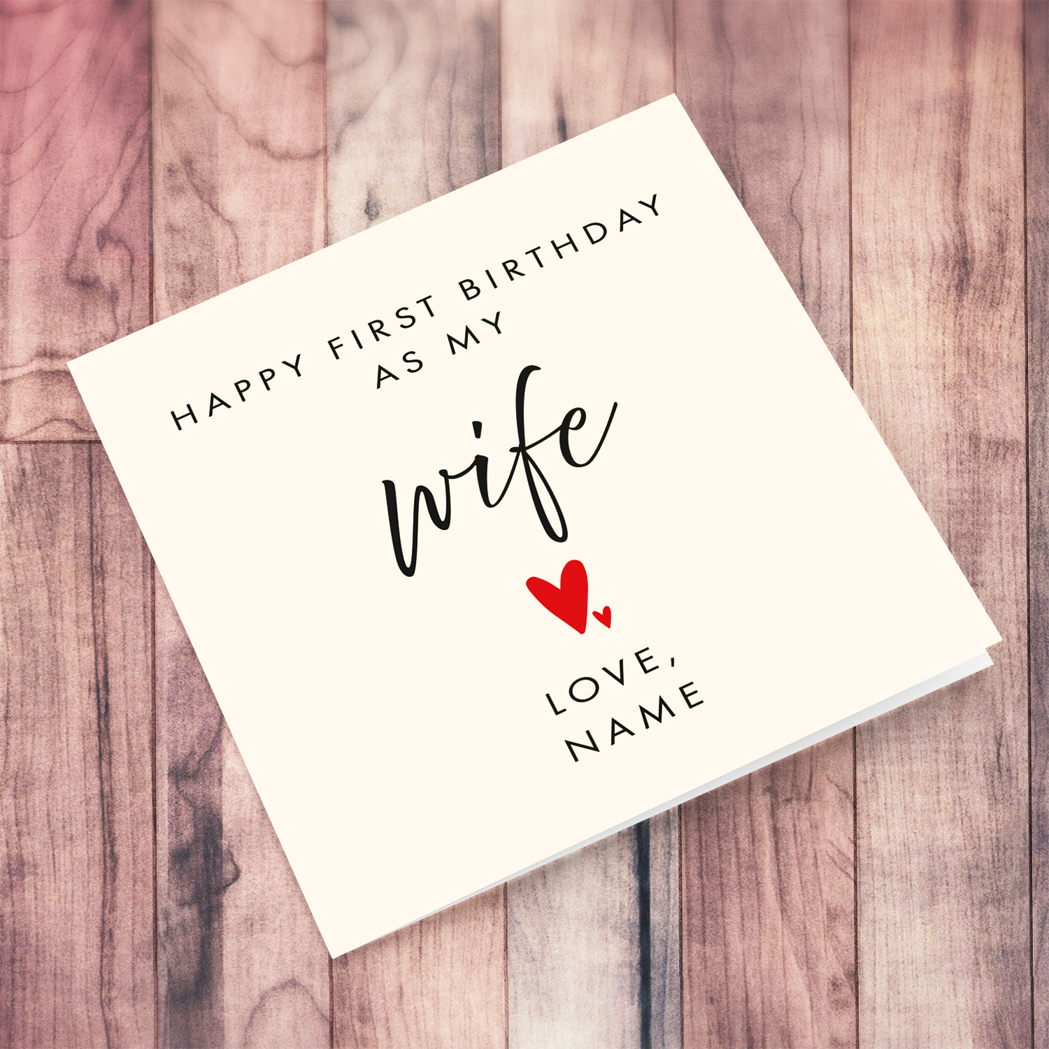 Minimalist birthday card - Happy first birthday as my wife with two red hearts in English