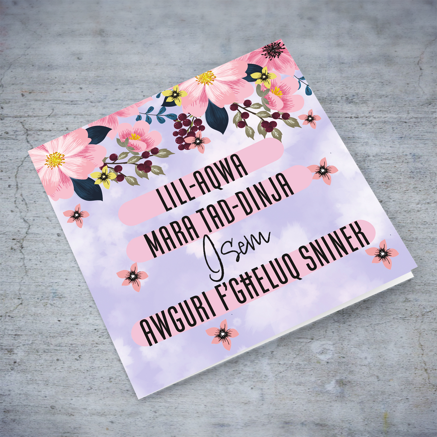 A birthday card for wife / mother / grandma in a purple background with pink flowers in Maltese (Personalisable)